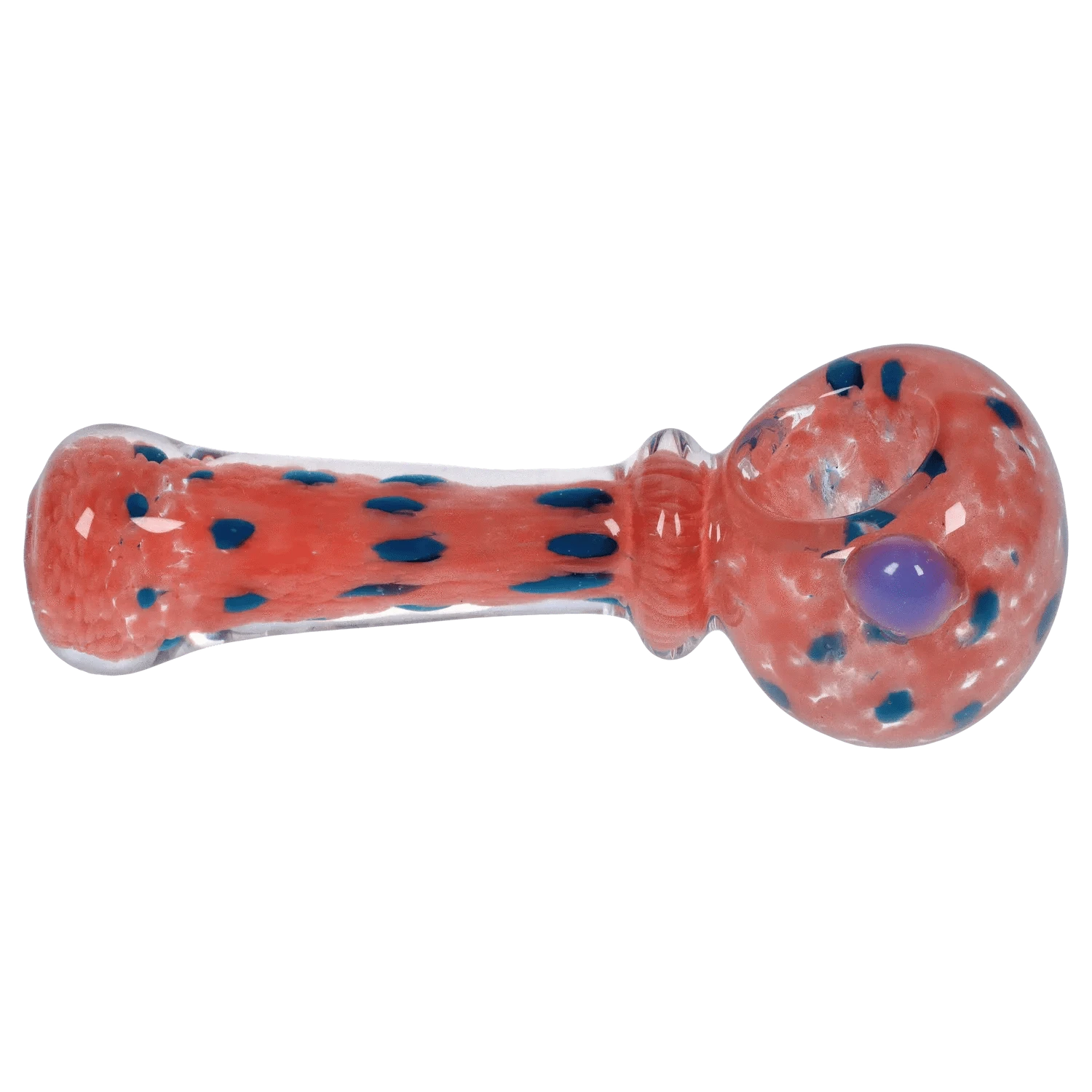 Side view of the DHC Frit with Twisted Mouthpiece Spoon Pipe - 4 in., showing a coral glass body with blue frit speckles and a rounded bowl with a purple glass marble.