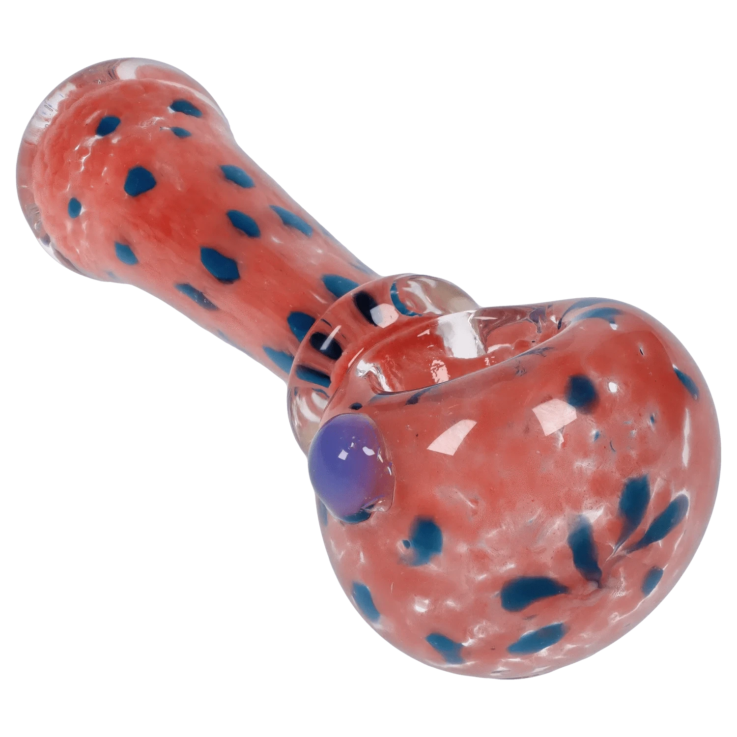 Angled close-up of the coral-and-blue spotted DHC Frit with Twisted Mouthpiece Spoon Pipe - 4 in., showing its rounded bowl, side carb, and glossy finish