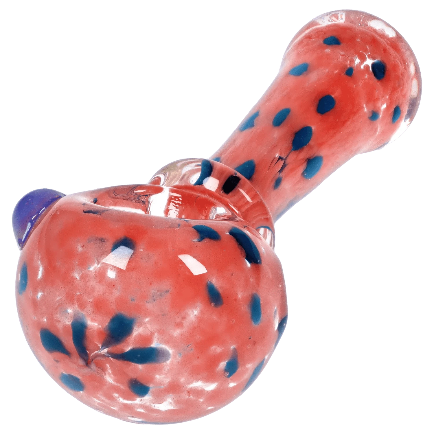 Close-up angled view of the DHC Frit with Twisted Mouthpiece Spoon Pipe - 4 in., showing its glossy pink glass body flecked with dark blue spots and reflective highlights