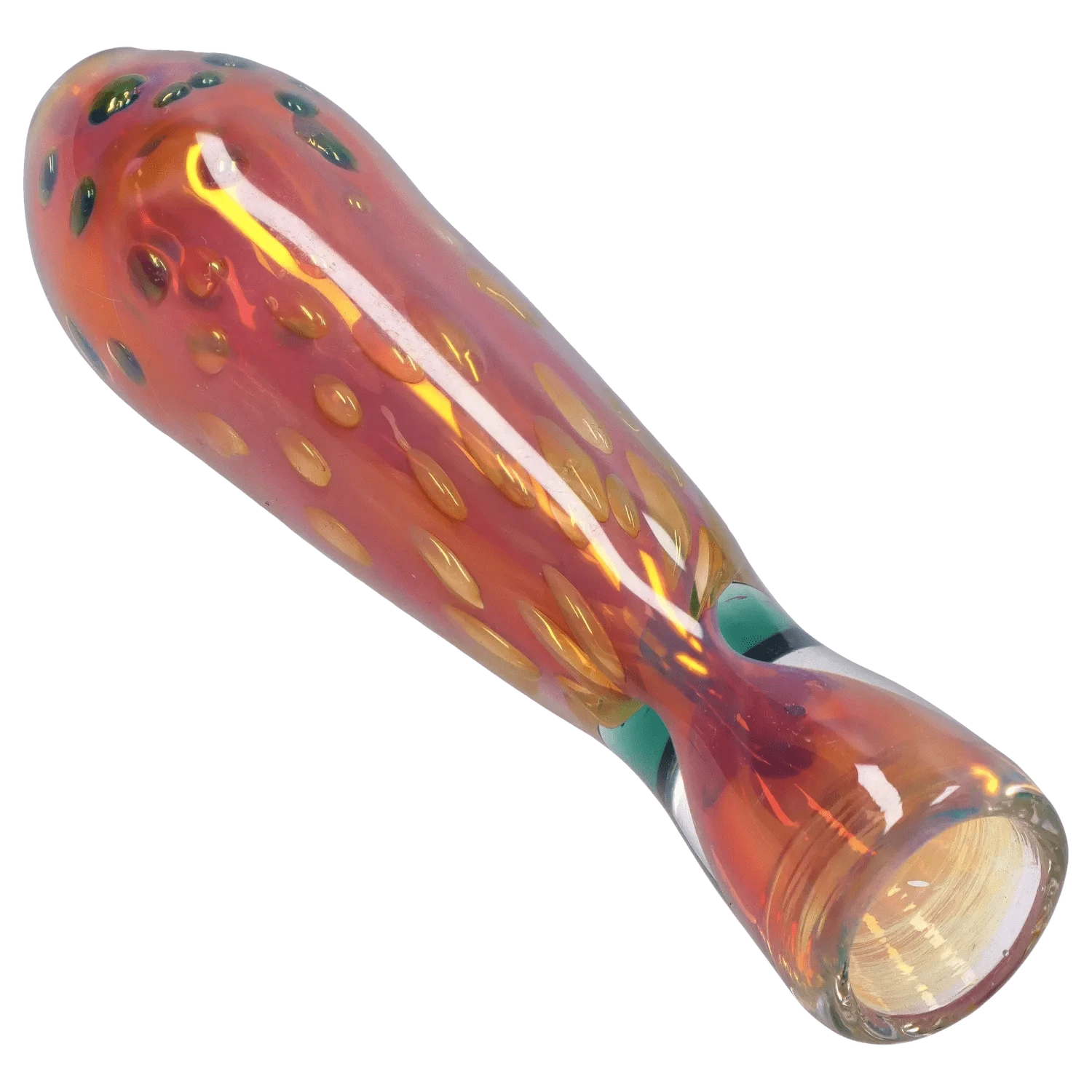 Angled close-up of the iridescent DHC Gold Dot One Hitter - 3 in. showing its dotted, amber‑pink glass surface and reflective highlights