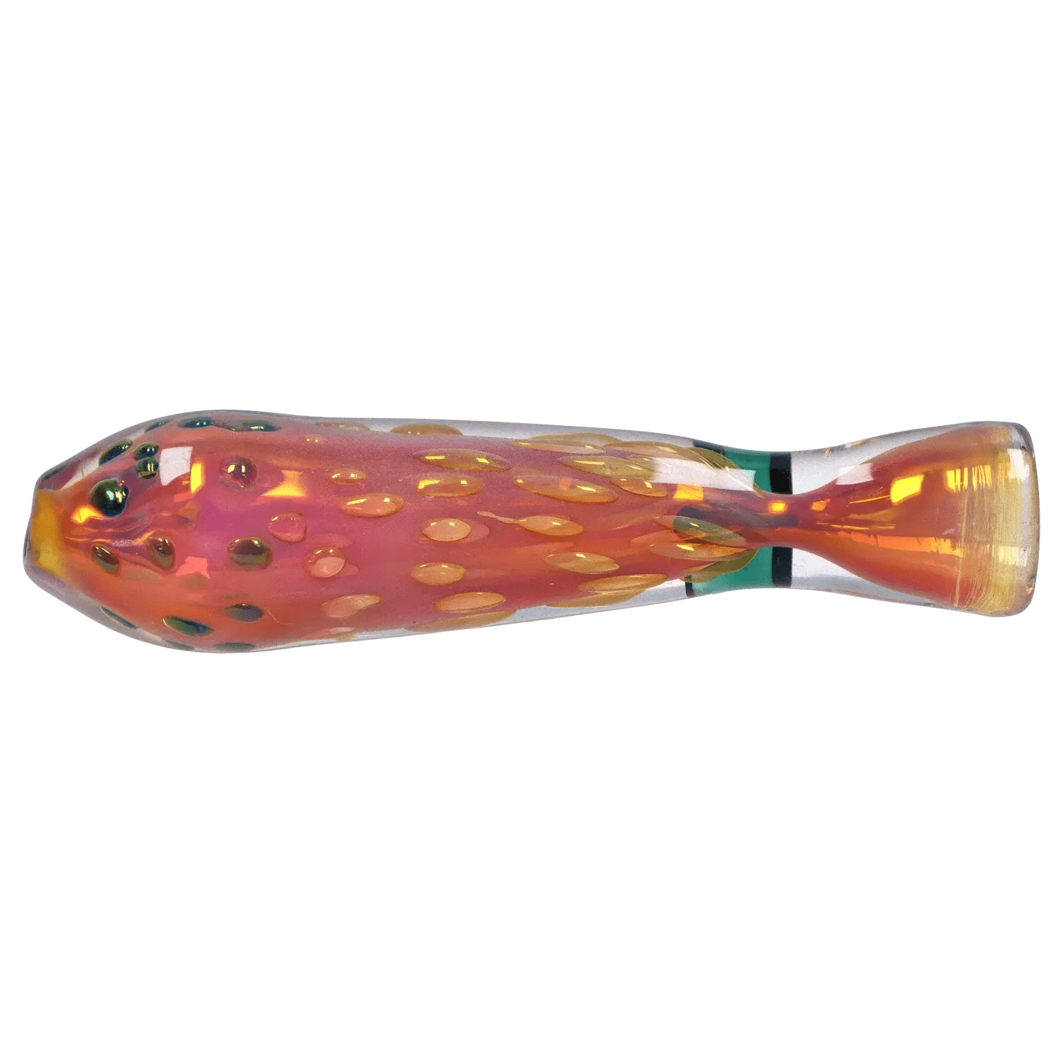 Top-down view of the iridescent DHC Gold Dot One Hitter - 3 in. showing amber and pink dotted glass texture and tapered mouthpiece