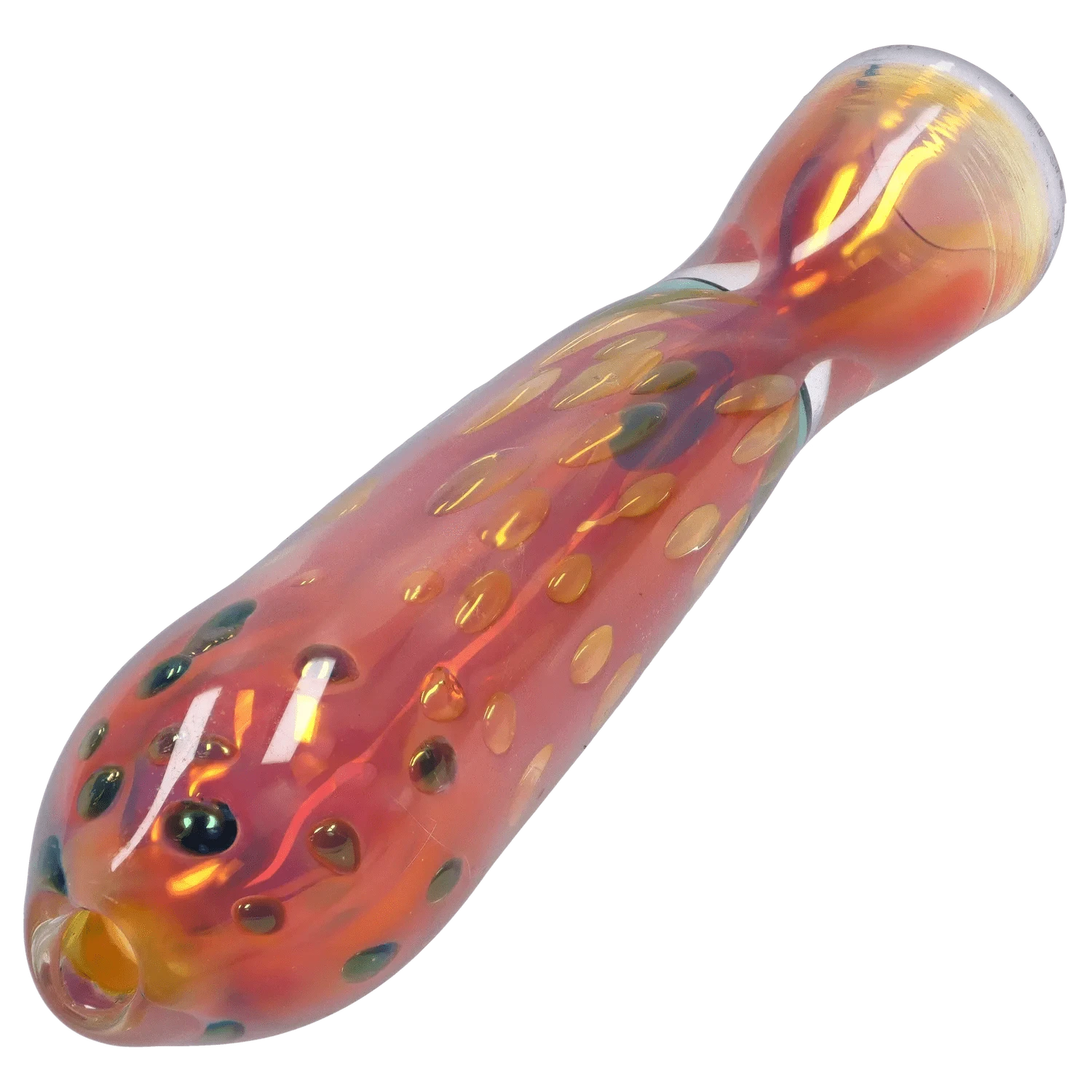 Angled close-up of the iridescent, dotted glass DHC Gold Dot One Hitter - 3 in., showing its rounded mouthpiece and glossy orange-red surface.
