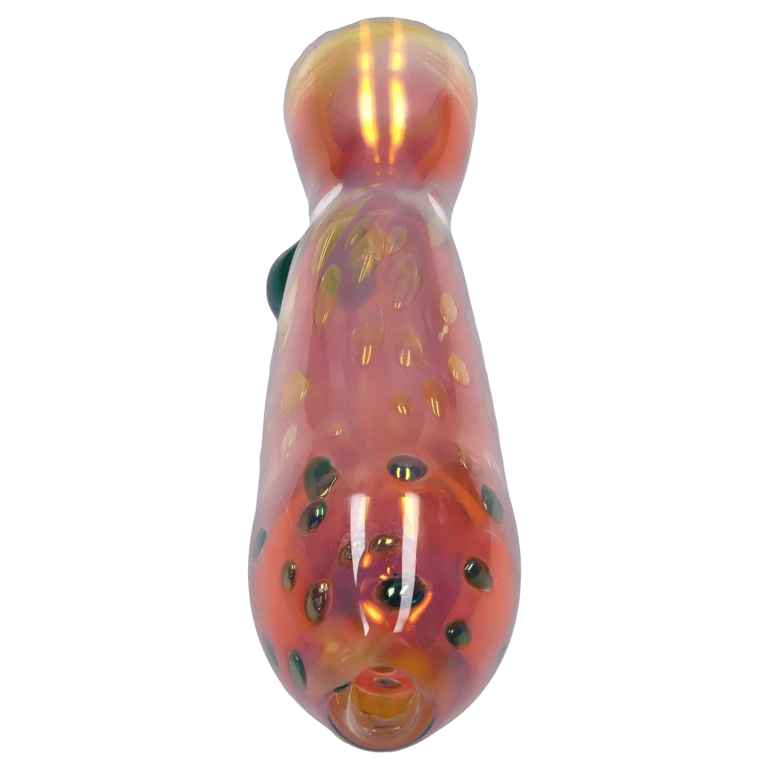 Top-down close-up of the iridescent, pink-orange DHC Gold Dot One Hitter - 3 in. showing raised gold dots and reflective highlights.