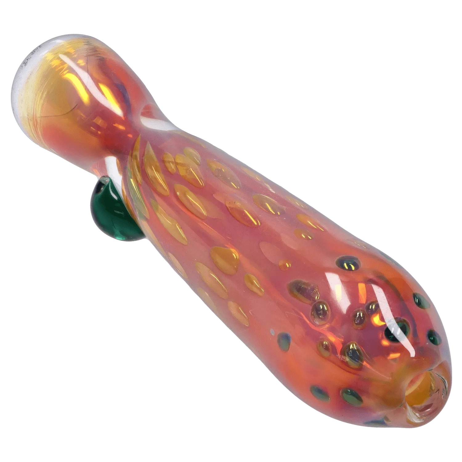 Angled close-up of the iridescent DHC Gold Dot One Hitter - 3 in. showing pink-orange glass with raised gold dots and a small green side carb.