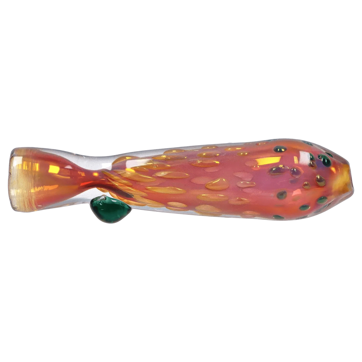 Side view of the DHC Gold Dot One Hitter - 3 in. showing its iridescent orange-red glass body with raised gold dots and a small green glass nub.