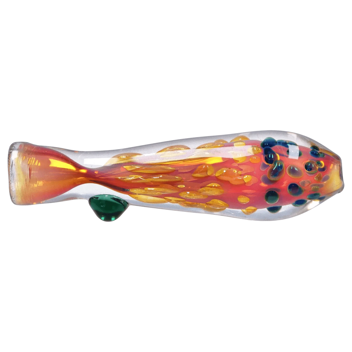 Side view of the DHC Gold Dot One Hitter - 3 in., a clear glass tube with internal orange and yellow swirls and blue-green dotted accents.