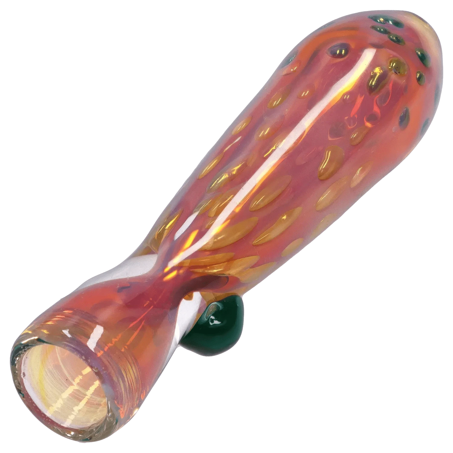 Close-up angled view of the iridescent DHC Gold Dot One Hitter - 3 in. showing its pink-orange glass body with raised gold teardrop dots and a green glass bump.