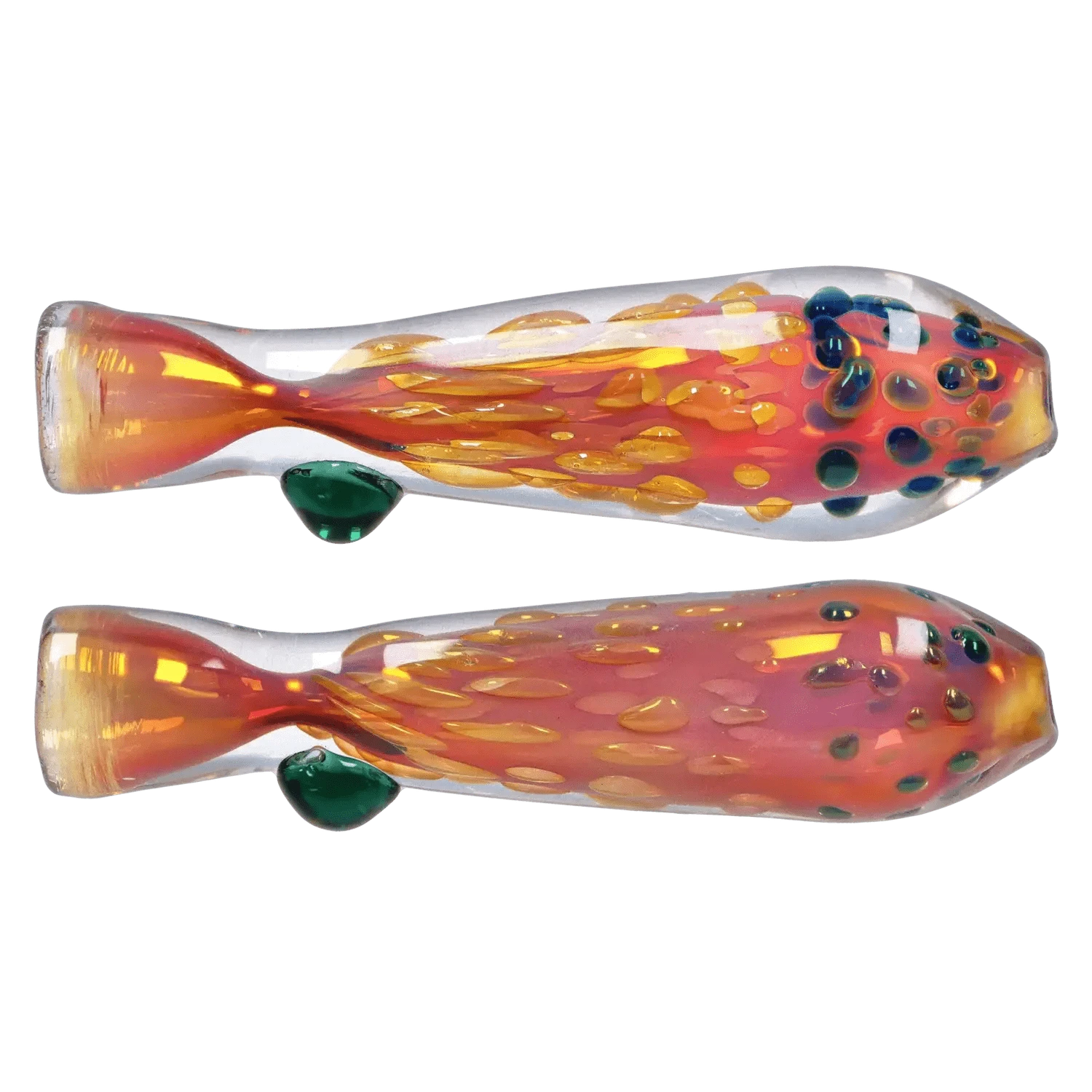 Side view of the DHC Gold Dot One Hitter - 3 in. showing two mirrored orange-and-gold glass pieces with green glass nodules on a white background