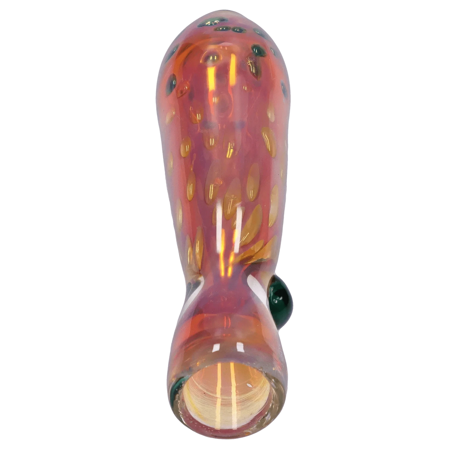 Close-up top-down view of the DHC Gold Dot One Hitter - 3 in., showing its glossy pink-orange glass surface with raised gold dots and a round mouthpiece.
