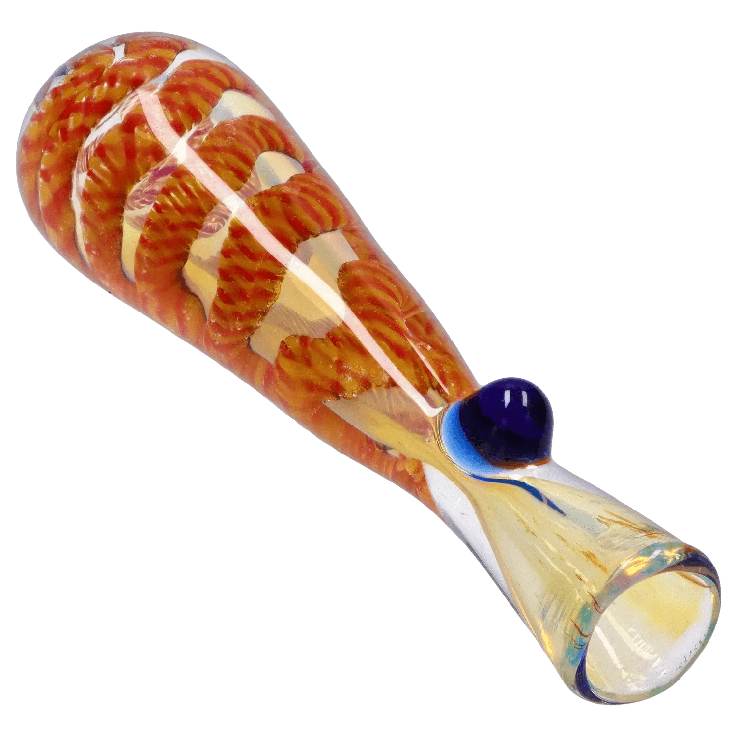 Angled close-up of the DHC Piped and Fumed One Hitter - 3 in. showing its twisted orange inner cane and blue glass thumb rest under bright studio lighting
