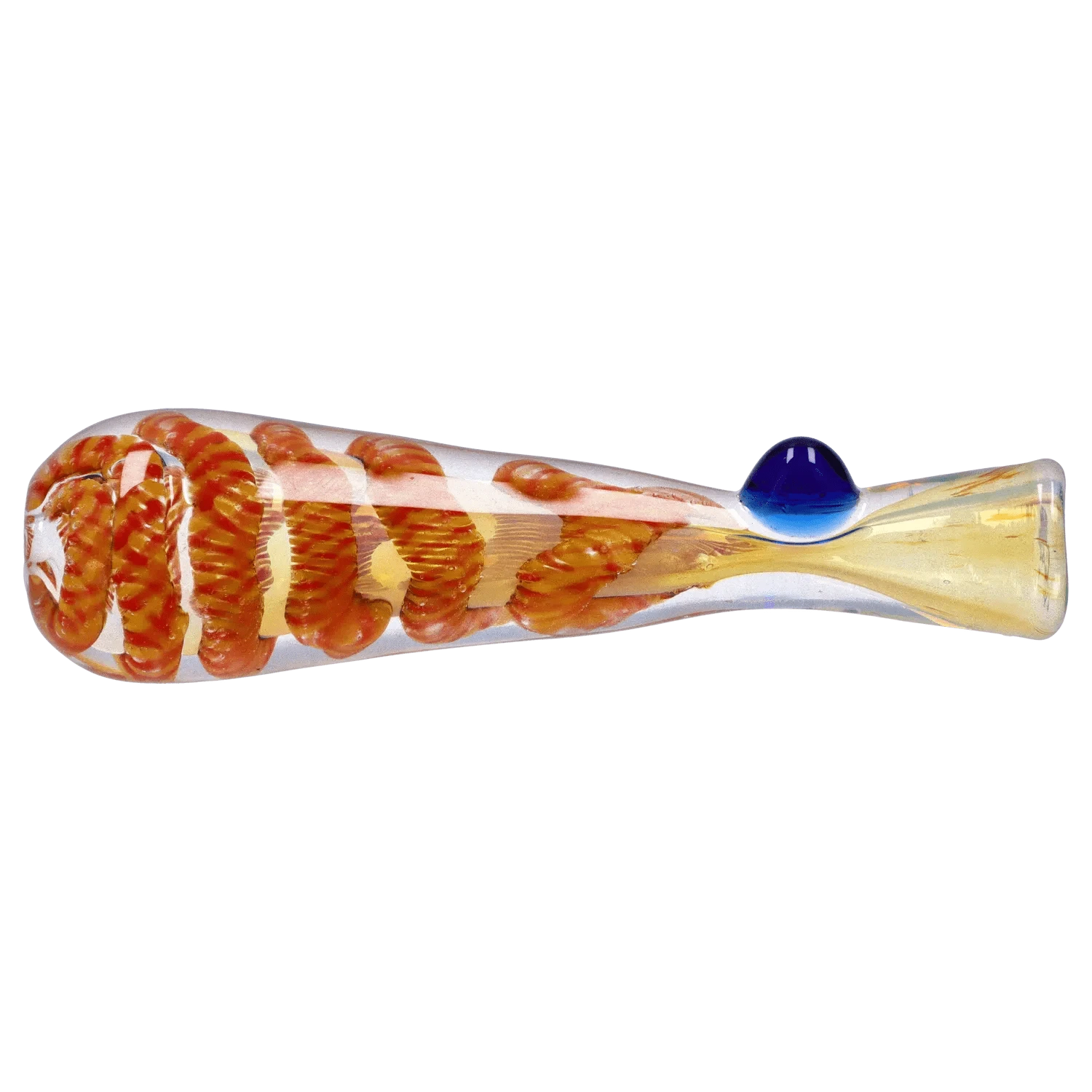 Side view of the DHC Piped and Fumed One Hitter - 3 in., a clear glass hand pipe with orange spiral fuming and a raised blue carb dot.