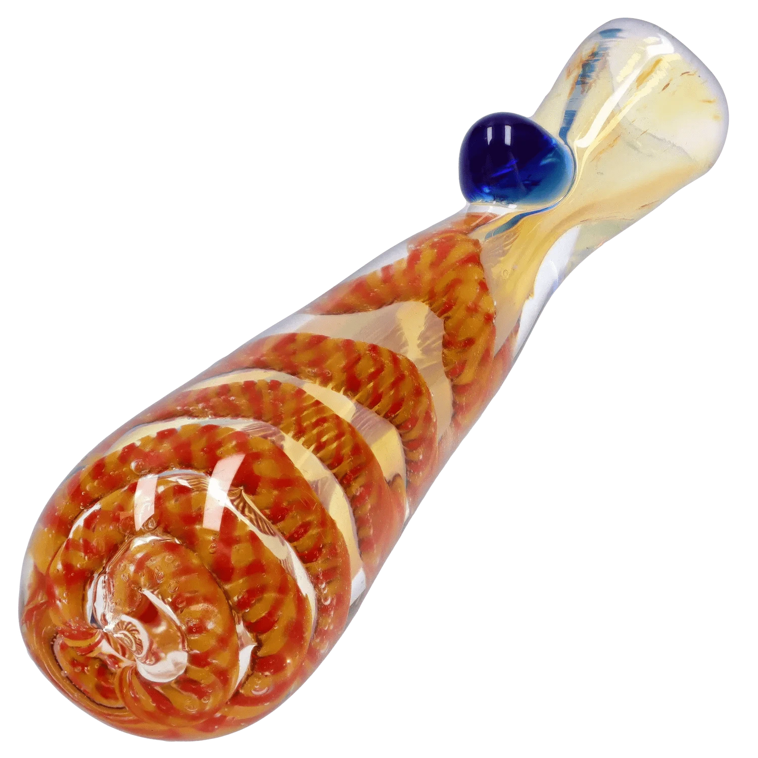 Angled close-up of the DHC Piped and Fumed One Hitter - 3 in., showing its clear glass body with an internal orange spiral and a blue raised grip bead.