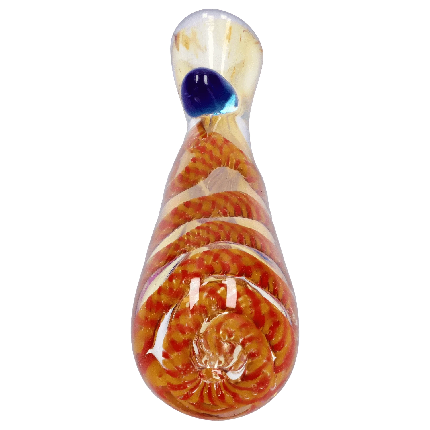 Top-down close-up of the glass DHC Piped and Fumed One Hitter - 3 in. showing an orange spiral interior and a single blue glass carb on a plain background