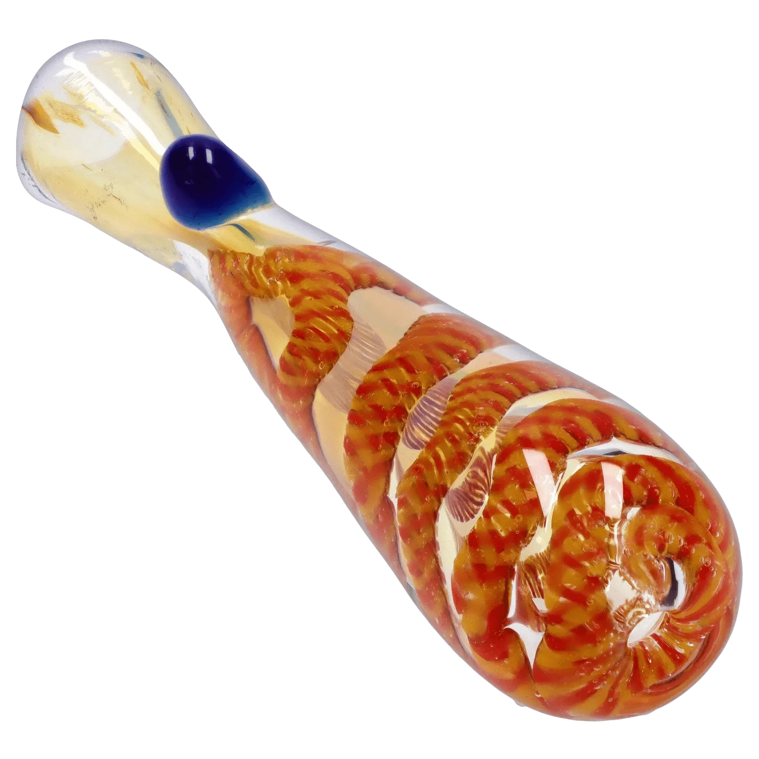 Angled close-up of the DHC Piped and Fumed One Hitter - 3 in. showing a clear glass tube with an internal orange spiral and a small blue glass carb on a plain background