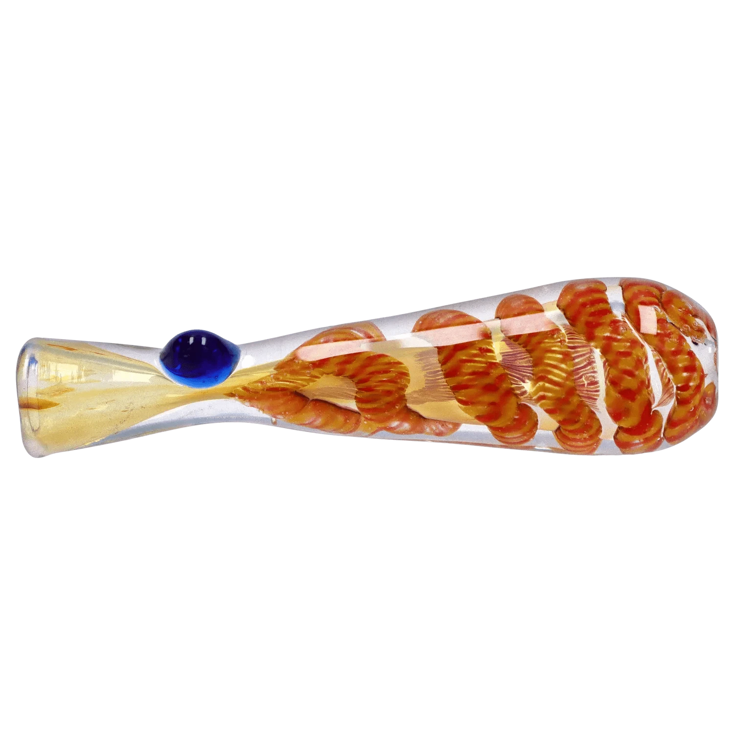 Side view of the DHC Piped and Fumed One Hitter - 3 in., a clear glass one-hitter with orange twisted fuming and a single blue carb nub.