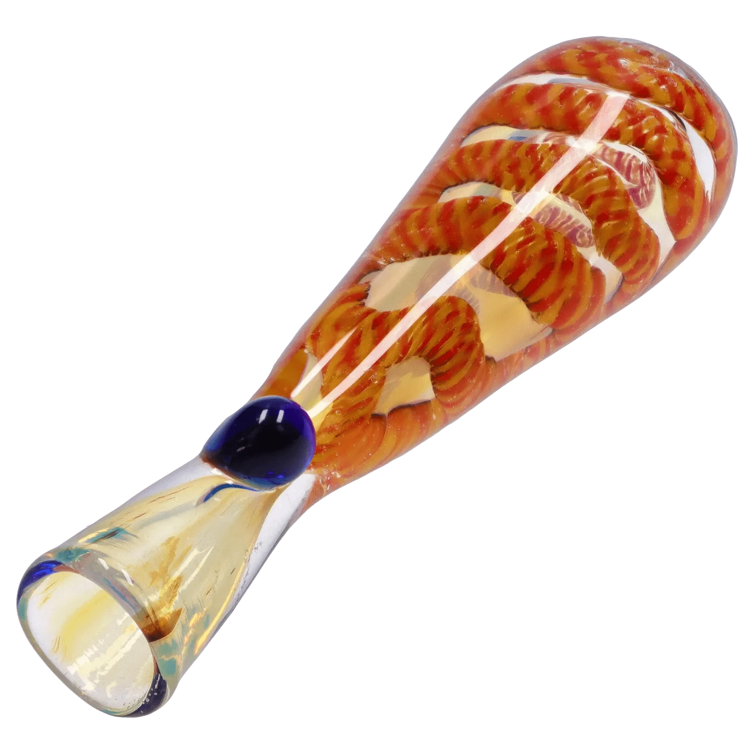Angled close-up of the DHC Piped and Fumed One Hitter - 3 in. showing orange spiral fuming and a blue glass knob.