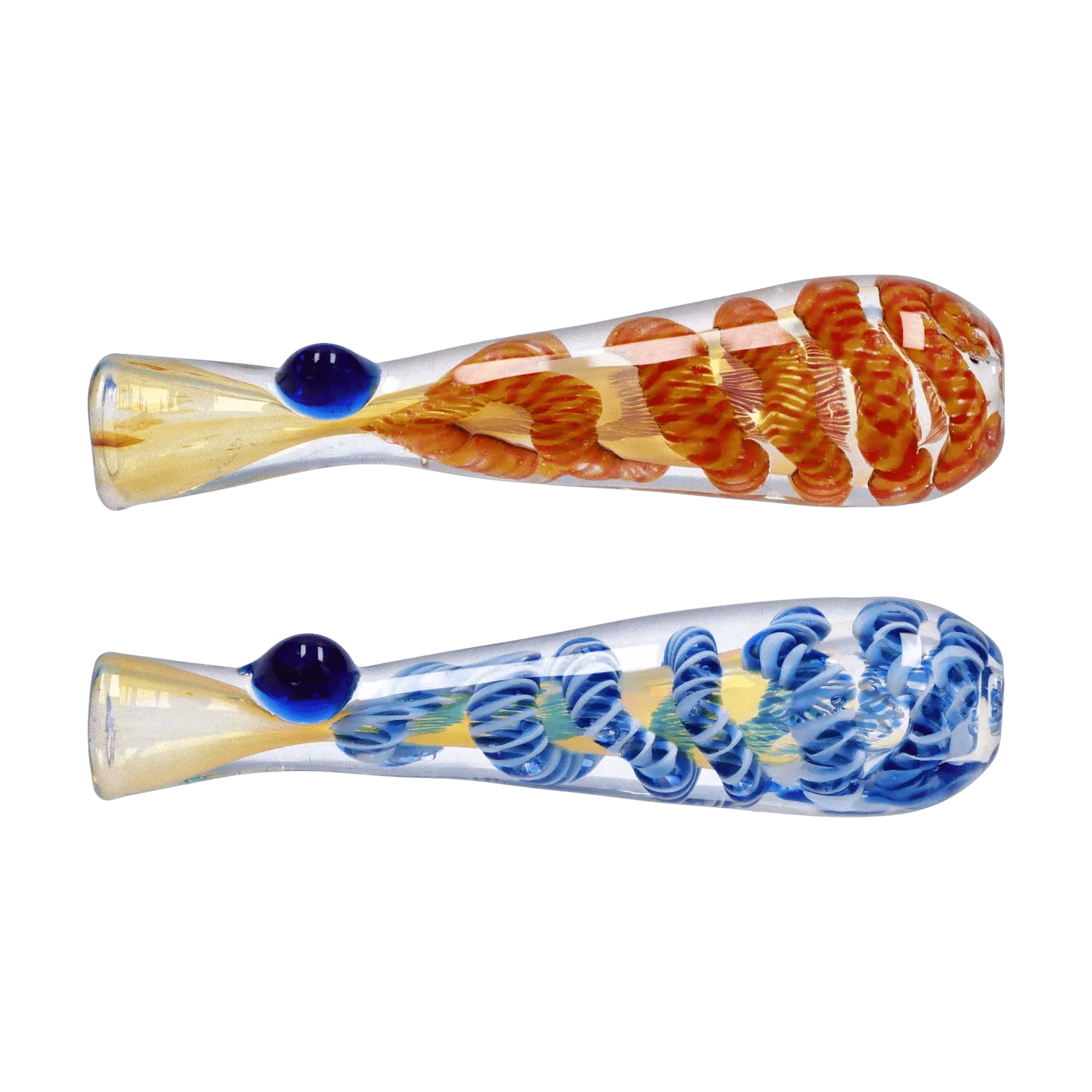 Side view of two DHC Piped and Fumed One Hitter - 3 in. glass pipes, one with orange internal spirals and one with blue, each shown on a white background.