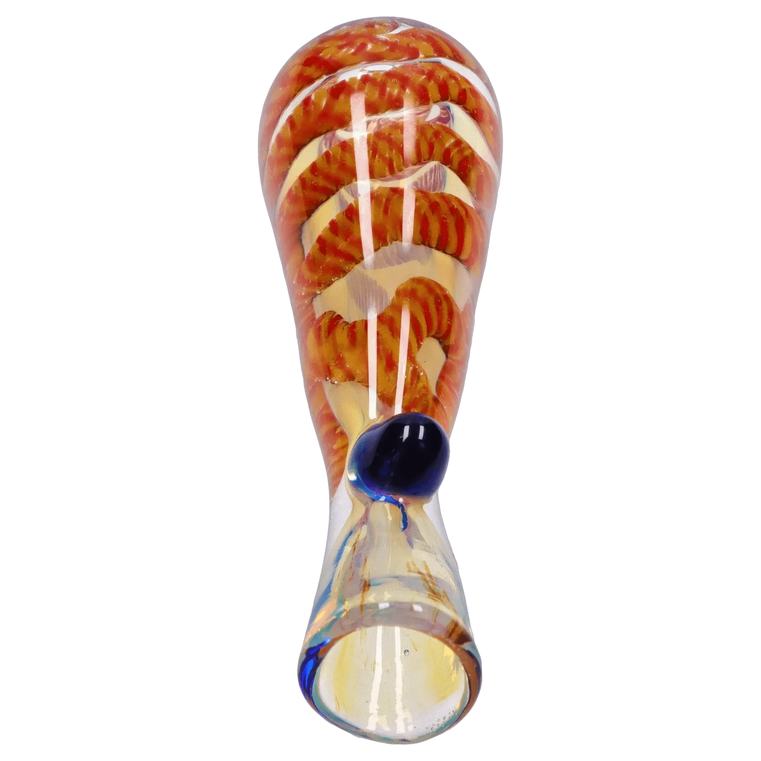 Top-down close-up of the DHC Piped and Fumed One Hitter - 3 in., showing orange spiral fuming inside the clear glass tube and a glossy blue carb hole.