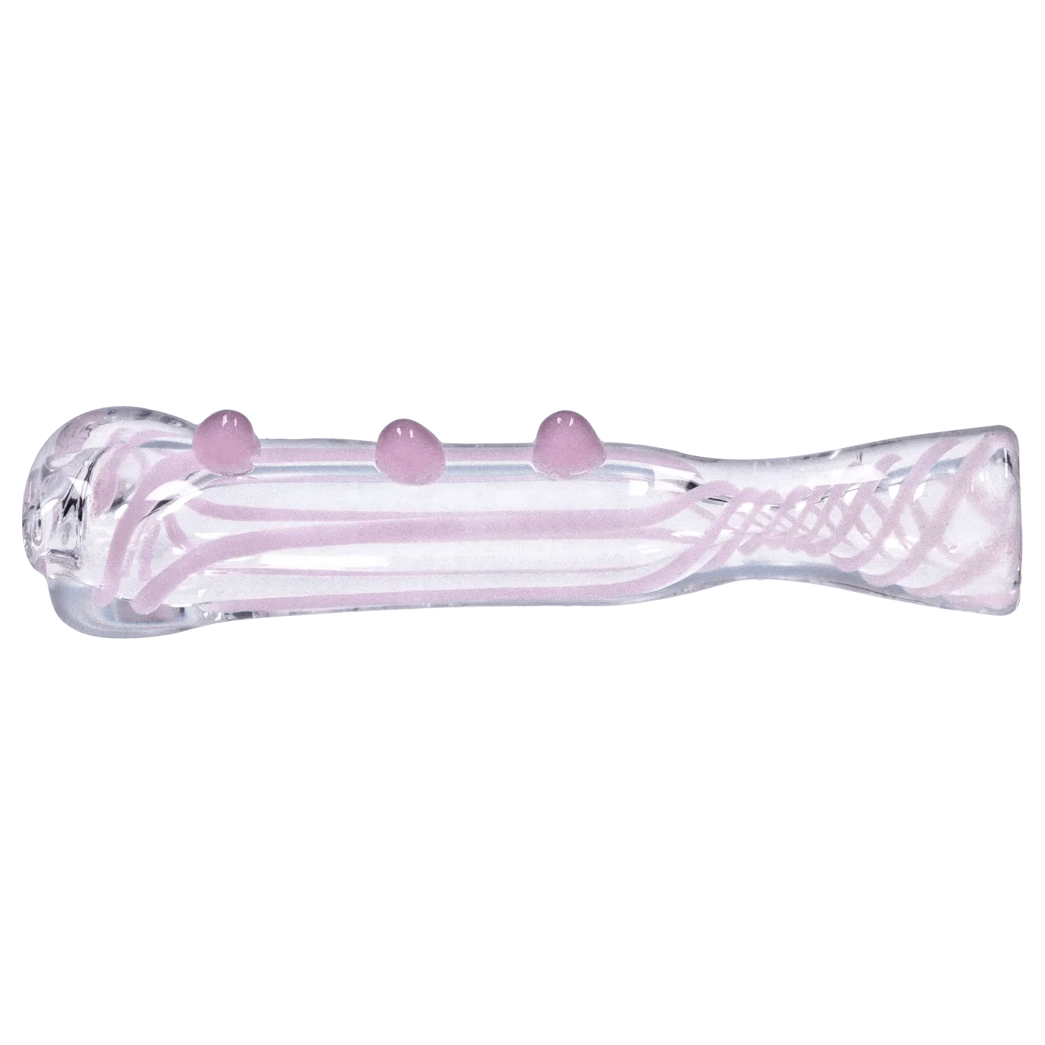 Side view of the DHC Slime Line One Hitter - 3 in., a clear glass tube with pale pink internal swirls and three raised pink dots along its top.