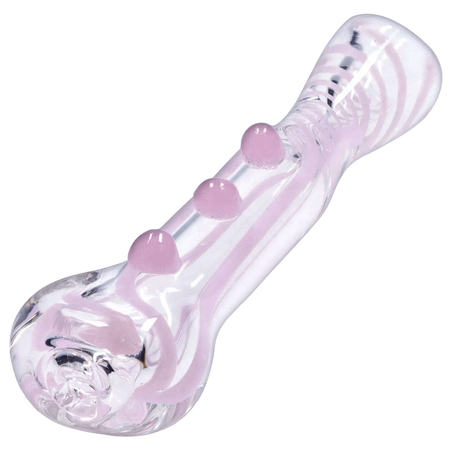 Angled close-up of the DHC Slime Line One Hitter - 3 in. showing a clear glass tube with pale pink spiral striping and three raised pink glass bumps.