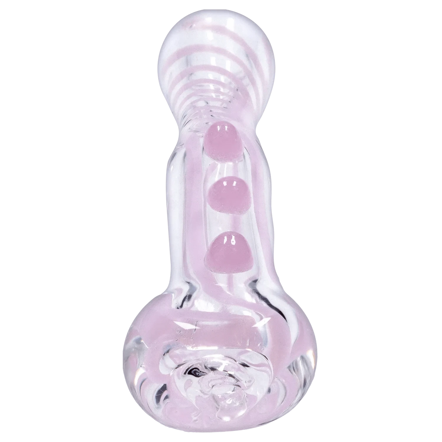 Close-up top-down view of the DHC Slime Line One Hitter - 3 in. showing its clear glass body with pale pink spiral striping and three raised pink dots along the stem.