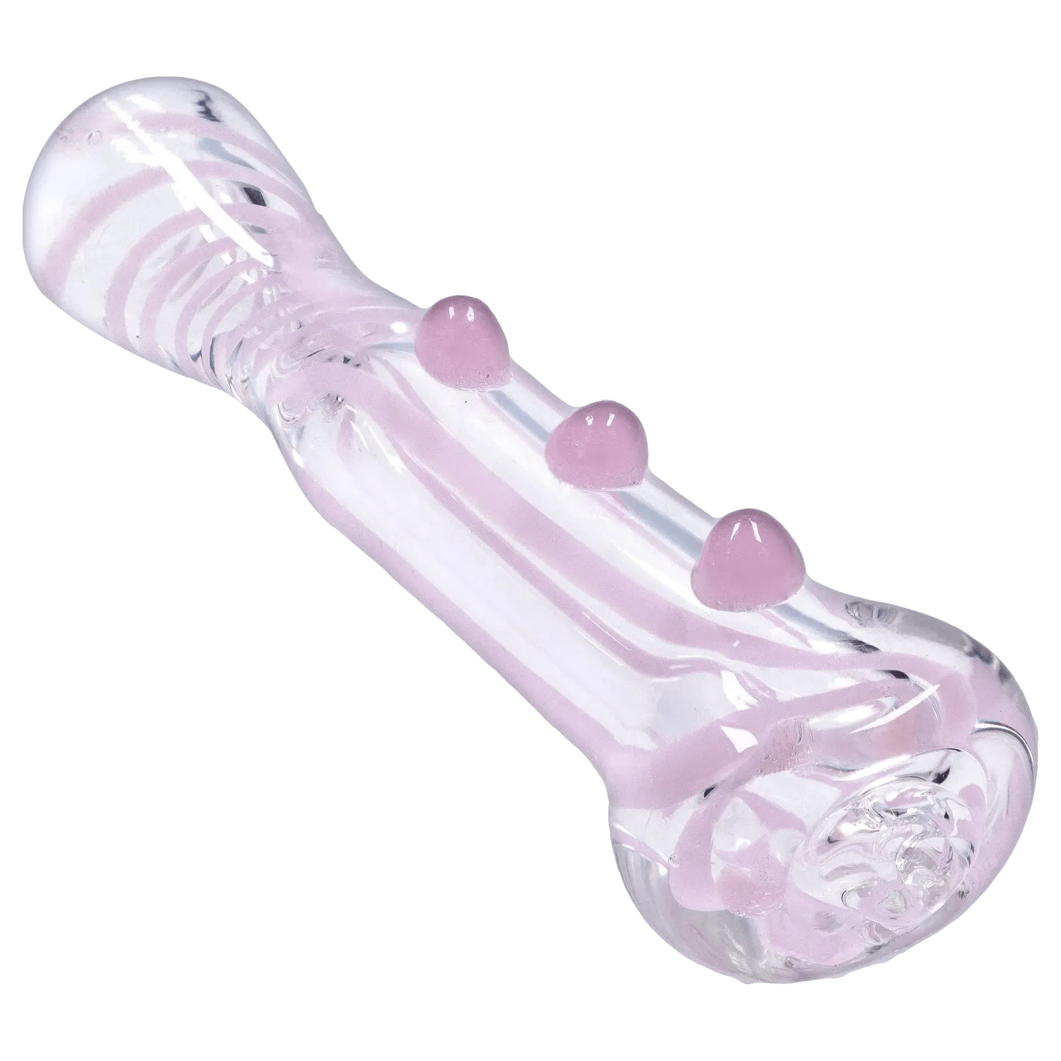 Angled close-up of the clear glass DHC Slime Line One Hitter - 3 in. with pale pink swirls and three raised dots.