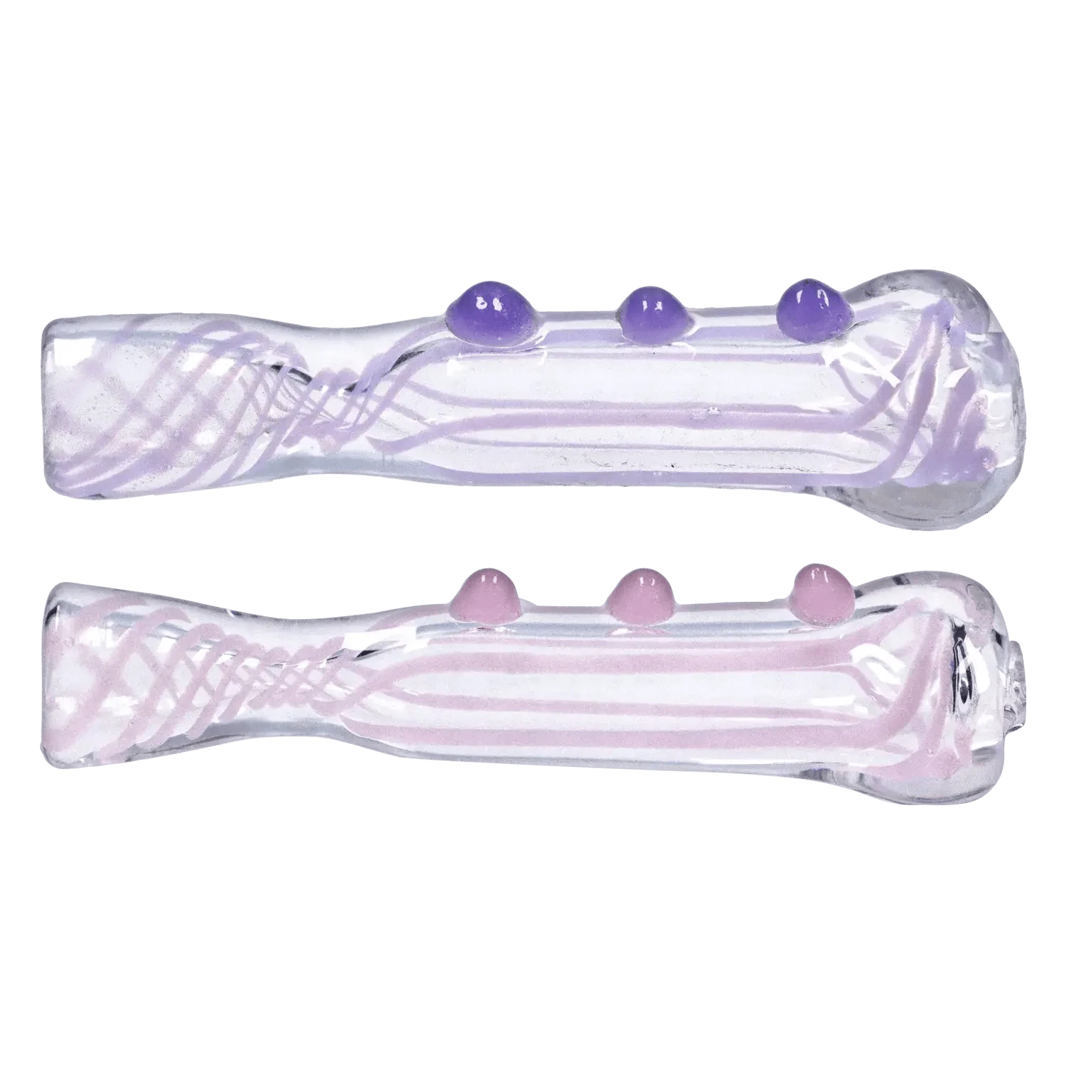 Top-down view of two translucent glass DHC Slime Line One Hitter - 3 in. pipes with pale purple internal stripes and three raised purple dots along each stem