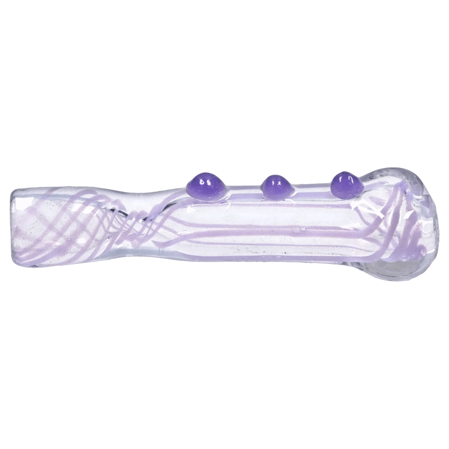 Side view of a clear glass DHC Slime Line One Hitter - 3 in. with pale purple swirls and three raised purple dots along its top.