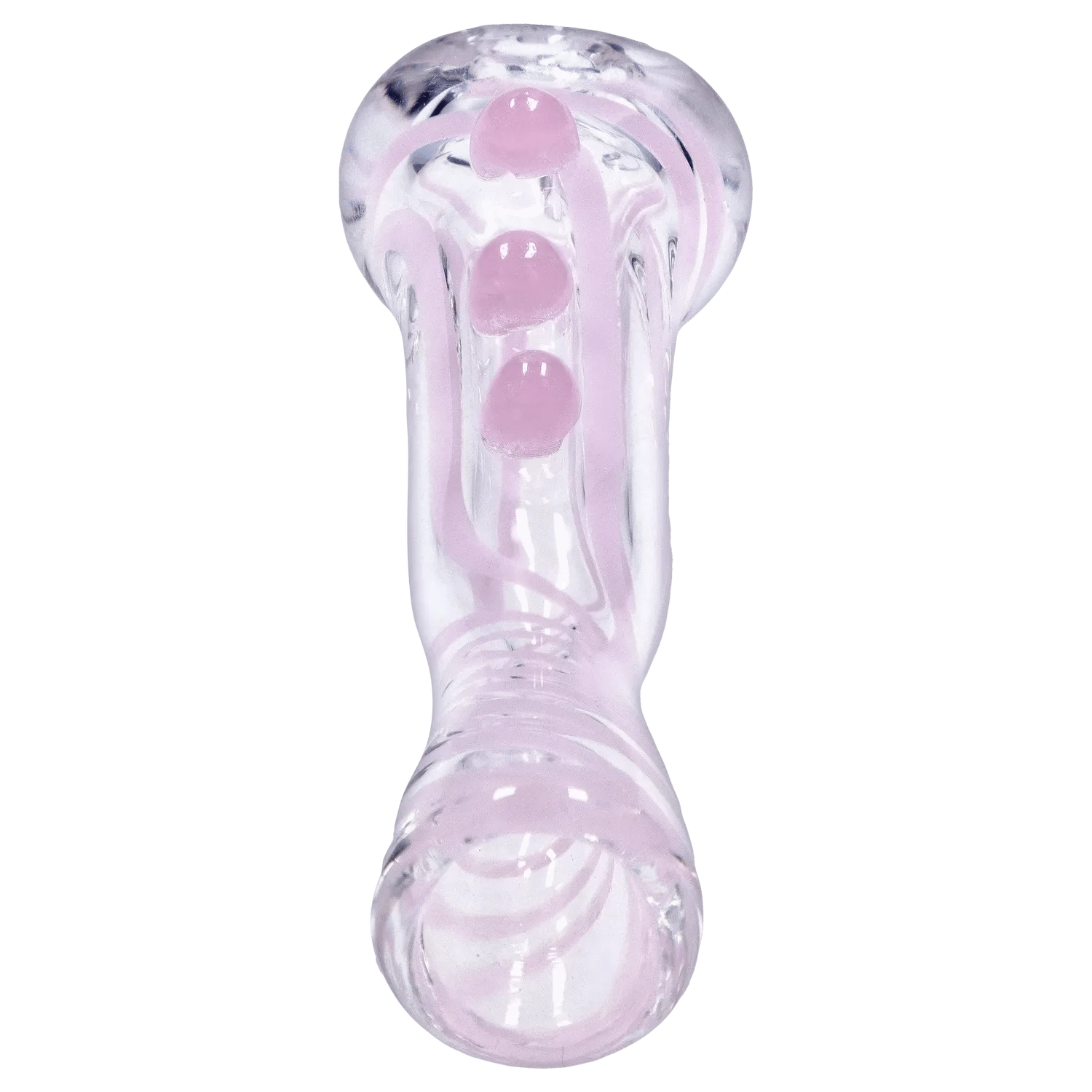 Top-down close-up of the clear glass DHC Slime Line One Hitter - 3 in. showing pale pink swirls and raised dots along its bowl and stem