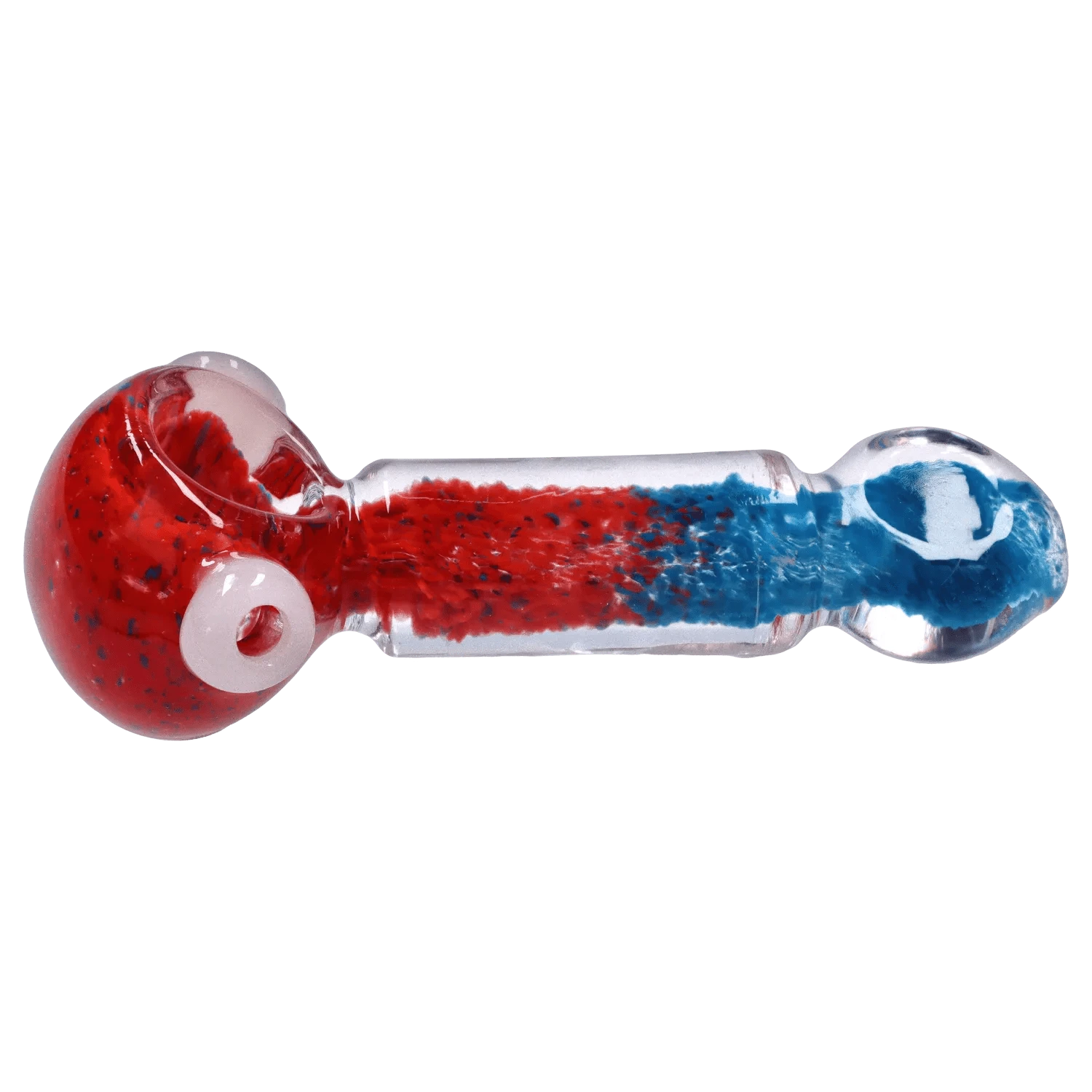 Side view of the DHC Tri-Color Frit Flat Spoon Pipe - 3.5 in. showing a clear glass body with dense red and blue frit inside.
