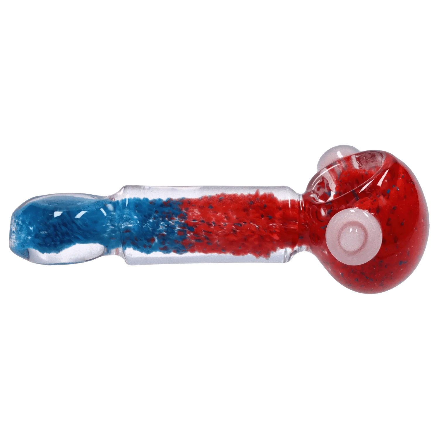 Side view of the DHC Tri-Color Frit Flat Spoon Pipe - 3.5 in. showing a clear glass body with dense red frit in the bowl and blue frit toward the mouthpiece.
