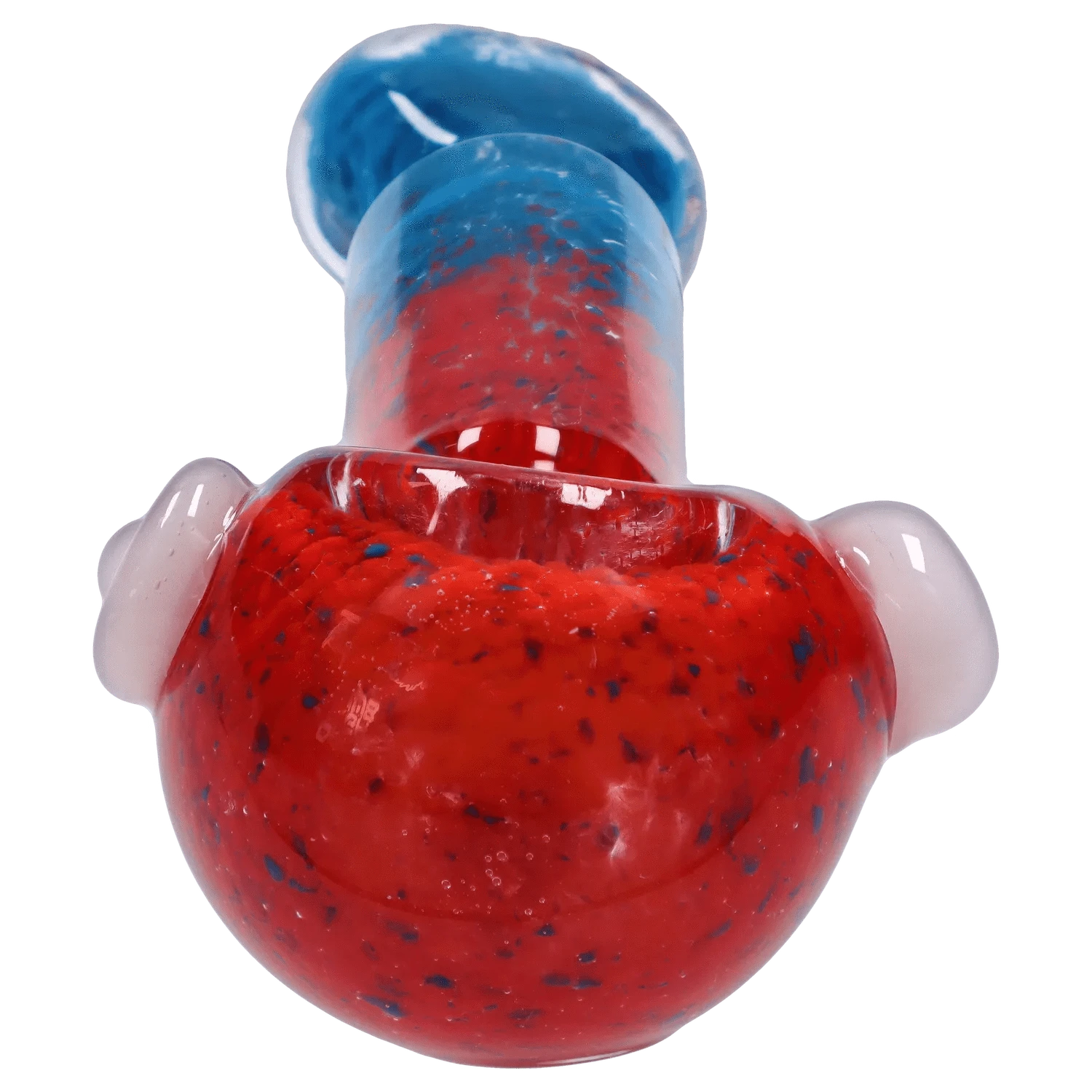 Close-up, low-angle view of the DHC Tri-Color Frit Flat Spoon Pipe - 3.5 in. showing a red speckled bowl transitioning to a blue neck with white rounded accents.