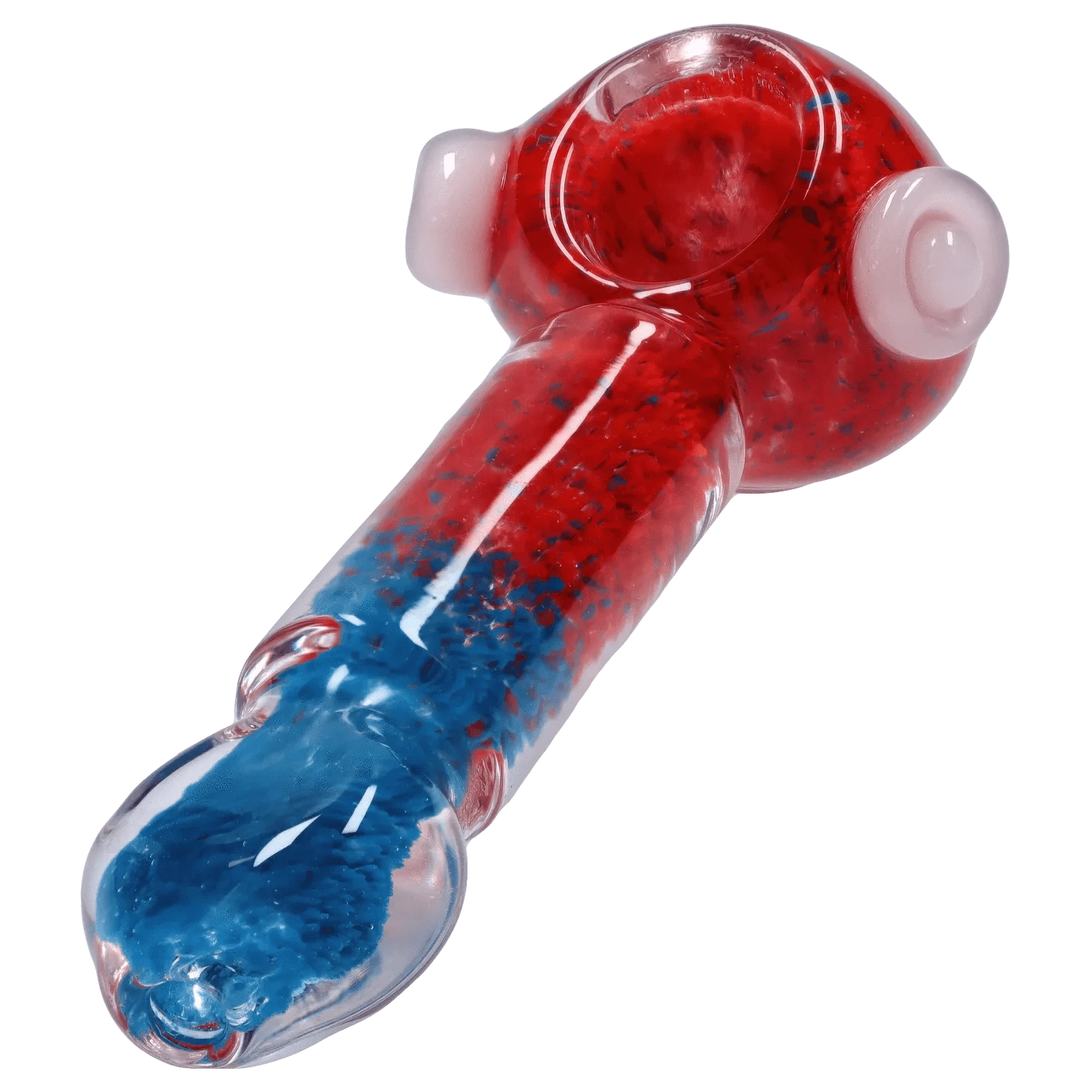 Angled close-up of the DHC Tri-Color Frit Flat Spoon Pipe - 3.5 in., showing its red-speckled bowl and stem with a blue frit core and glossy finish.