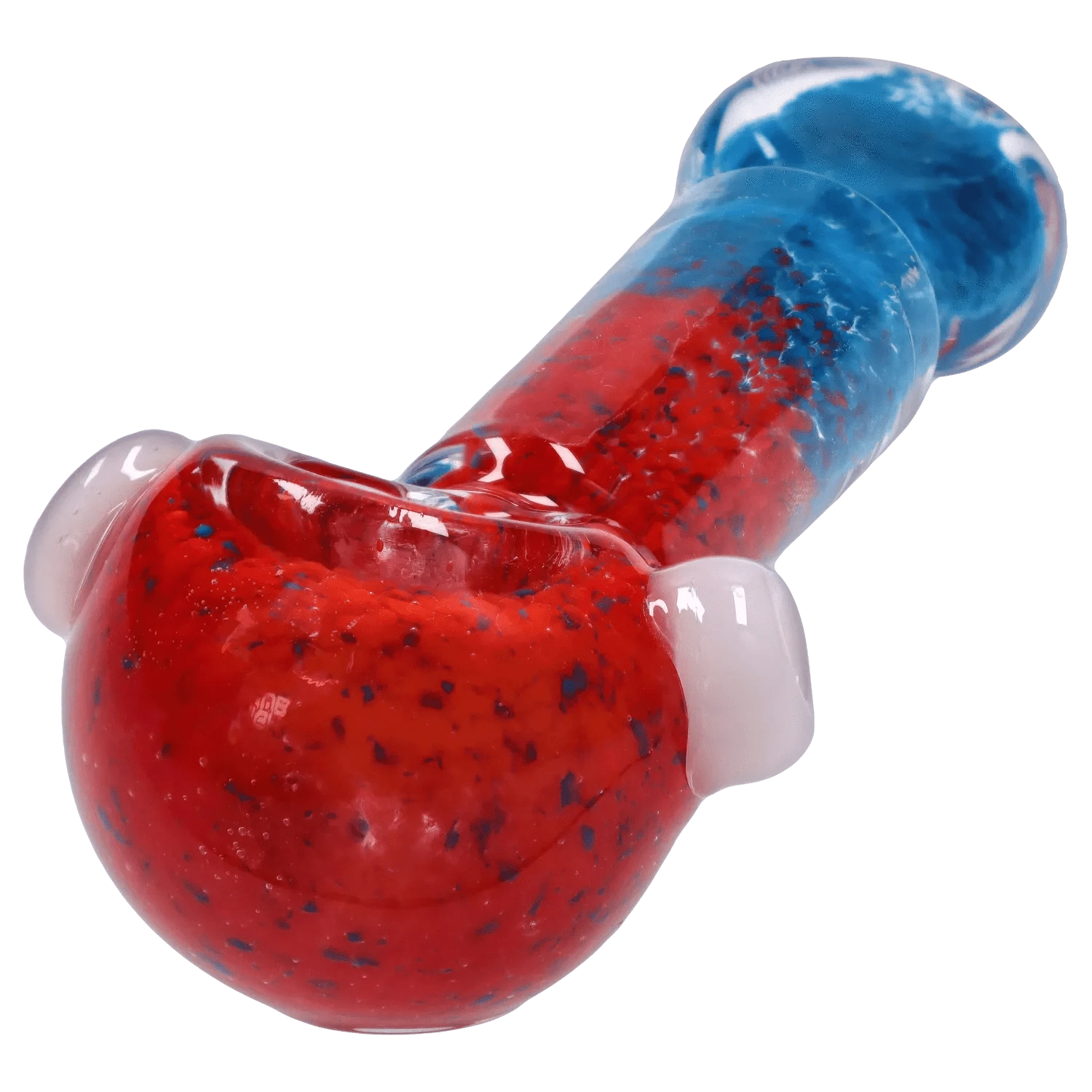 Close-up angled view of the DHC Tri-Color Frit Flat Spoon Pipe - 3.5 in. showing a red speckled bowl flowing into a blue-speckled neck with white glass accents.