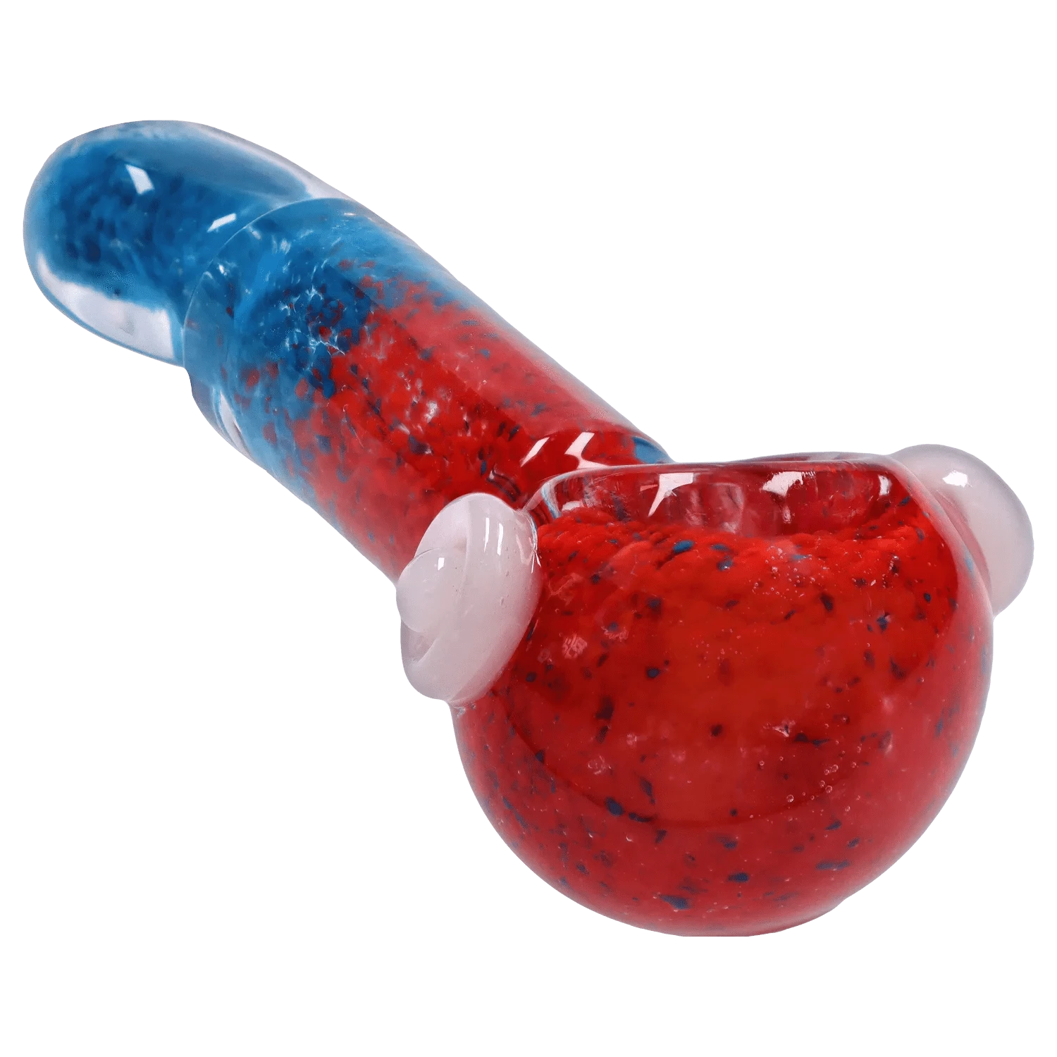 Close-up angled view of the DHC Tri-Color Frit Flat Spoon Pipe - 3.5 in., showing its red and blue speckled glass with white glass accents and glossy reflections