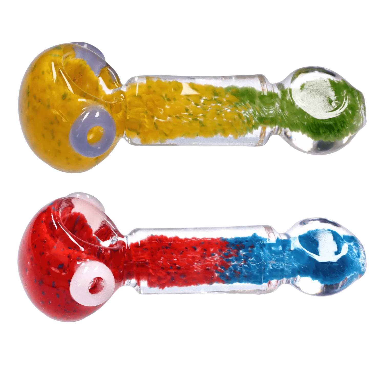 Top-down view of two colorful DHC Tri-Color Frit Flat Spoon Pipe - 3.5 in. glass spoons showing a yellow-green frit top piece and a red-blue frit bottom piece.