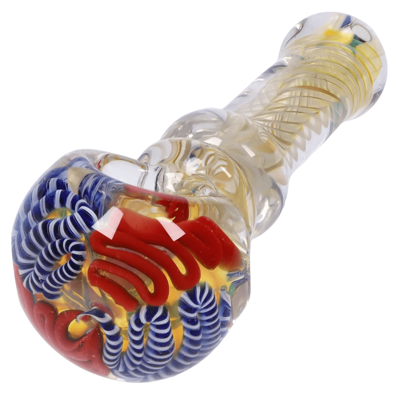 Angled close-up of the DHC Twisting Art Spoon Pipe - 3.5 in., showing the clear glass body with red and blue twisted inner ribbons and a rounded bowl.