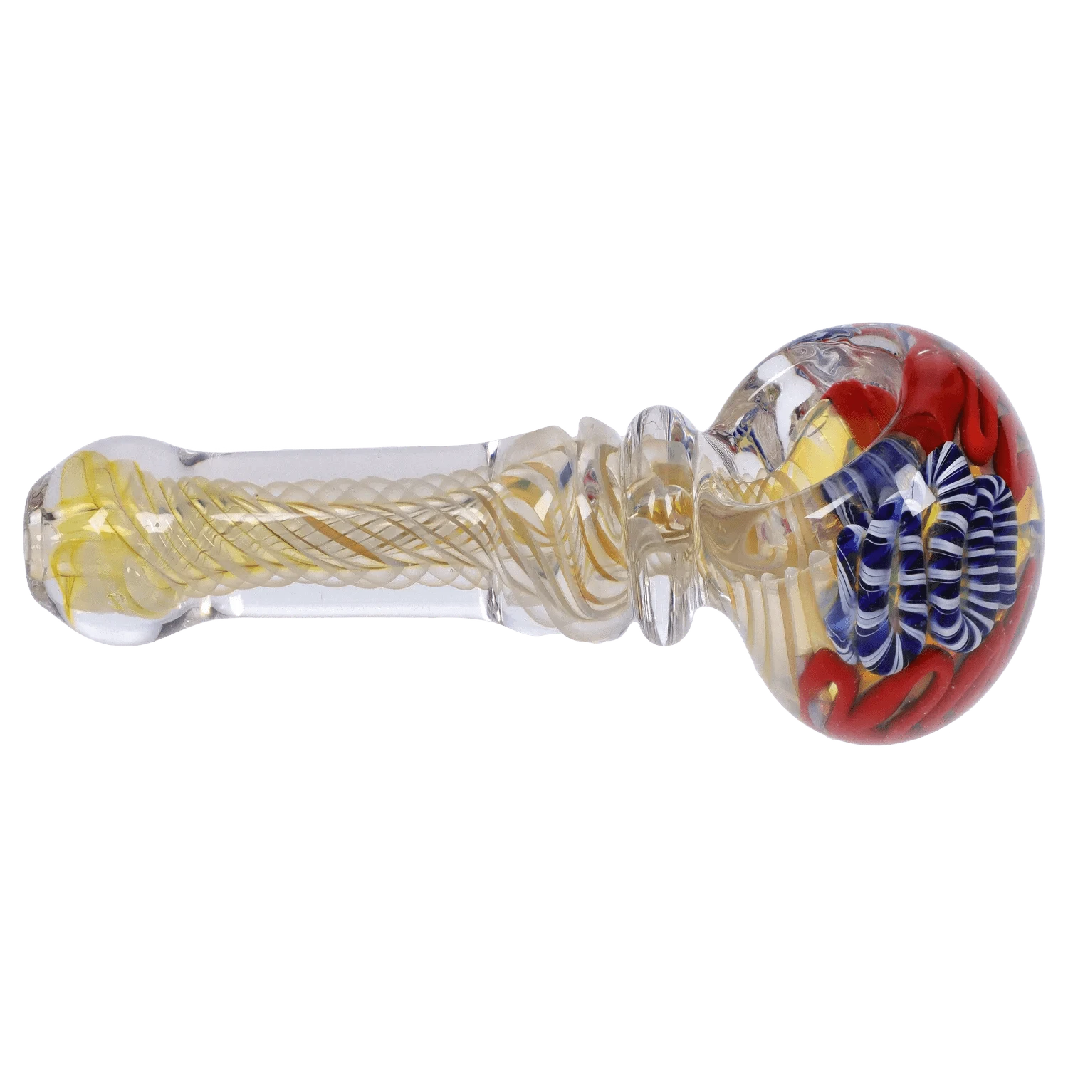 Side profile of the DHC Twisting Art Spoon Pipe - 3.5 in. showing a clear glass stem with yellow twisted cane and a round bowl with red, blue, and white swirl accents