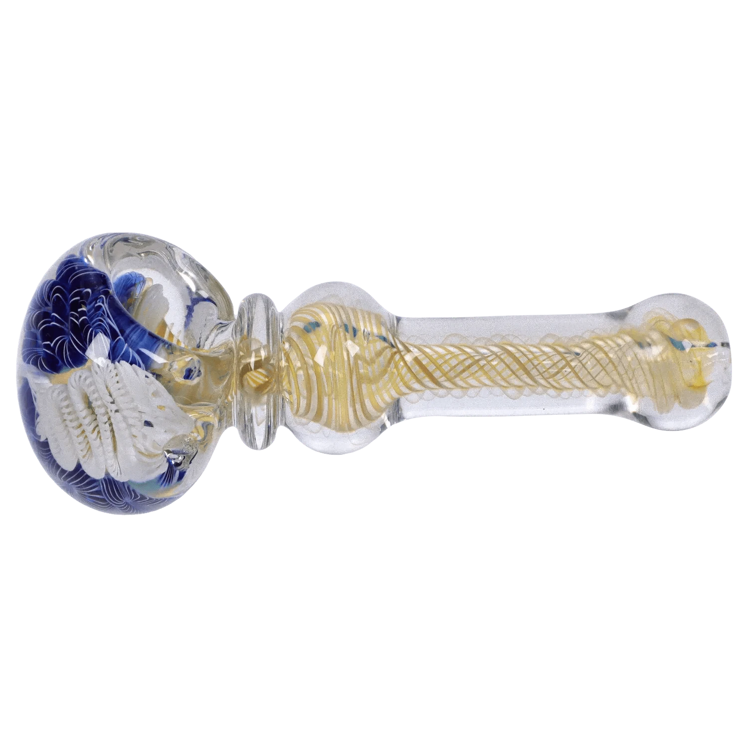 Side view of the clear DHC Twisting Art Spoon Pipe - 3.5 in. showing a round bowl with blue and white swirls and a twisted gold-thread stem.