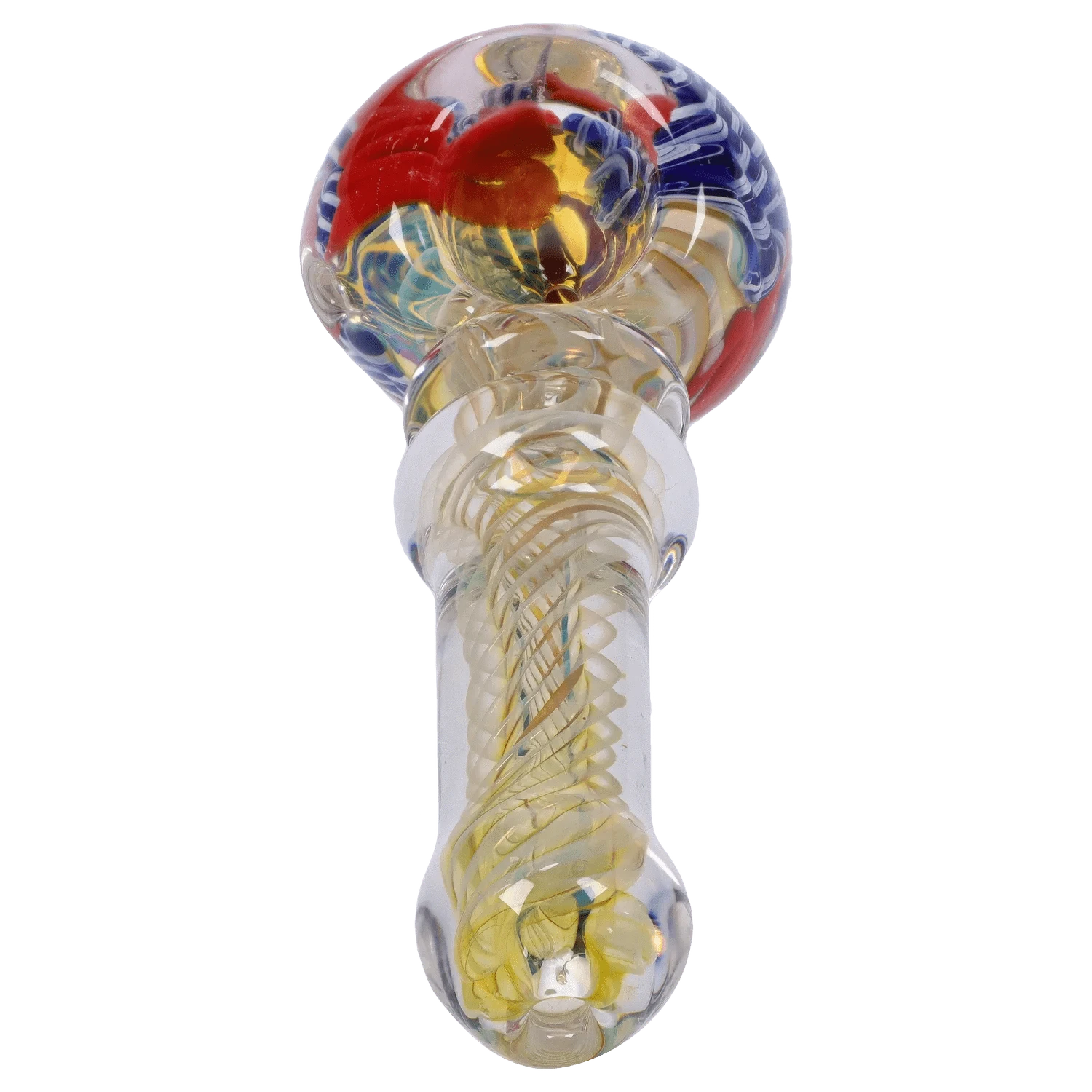 Top-down close-up of the colorful 3.5 in. DHC Twisting Art Spoon Pipe showing a bulbous head with red and blue swirls and a twisted yellow-clear stem