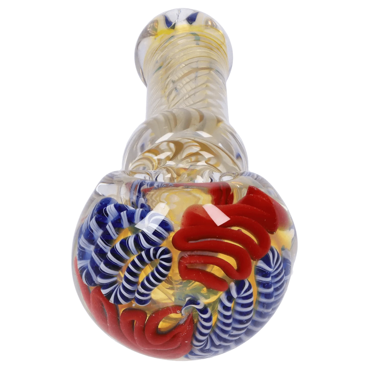 Close-up front view of the DHC Twisting Art Spoon Pipe - 3.5 in. showing its twisted clear glass neck and red and blue spiral decorations.