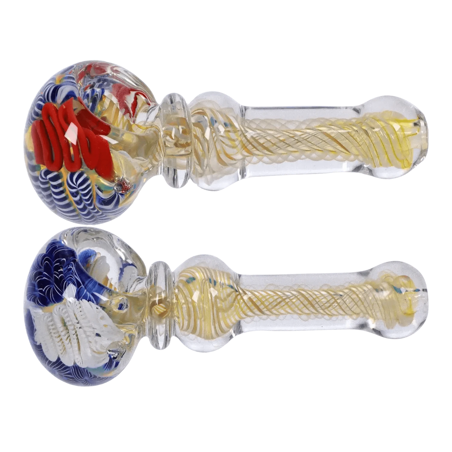 Side view of the glass DHC Twisting Art Spoon Pipe - 3.5 in. showing a rounded bowl with red and blue swirls and a twisted yellow cane stem.