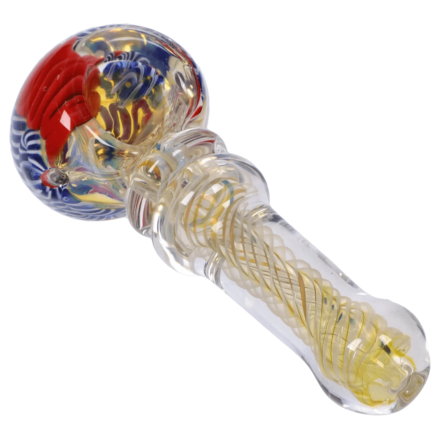 Angled close-up of the DHC Twisting Art Spoon Pipe - 3.5 in., showing a clear glass body with yellow twisted inner cane and a colorful red and blue patterned bowl.