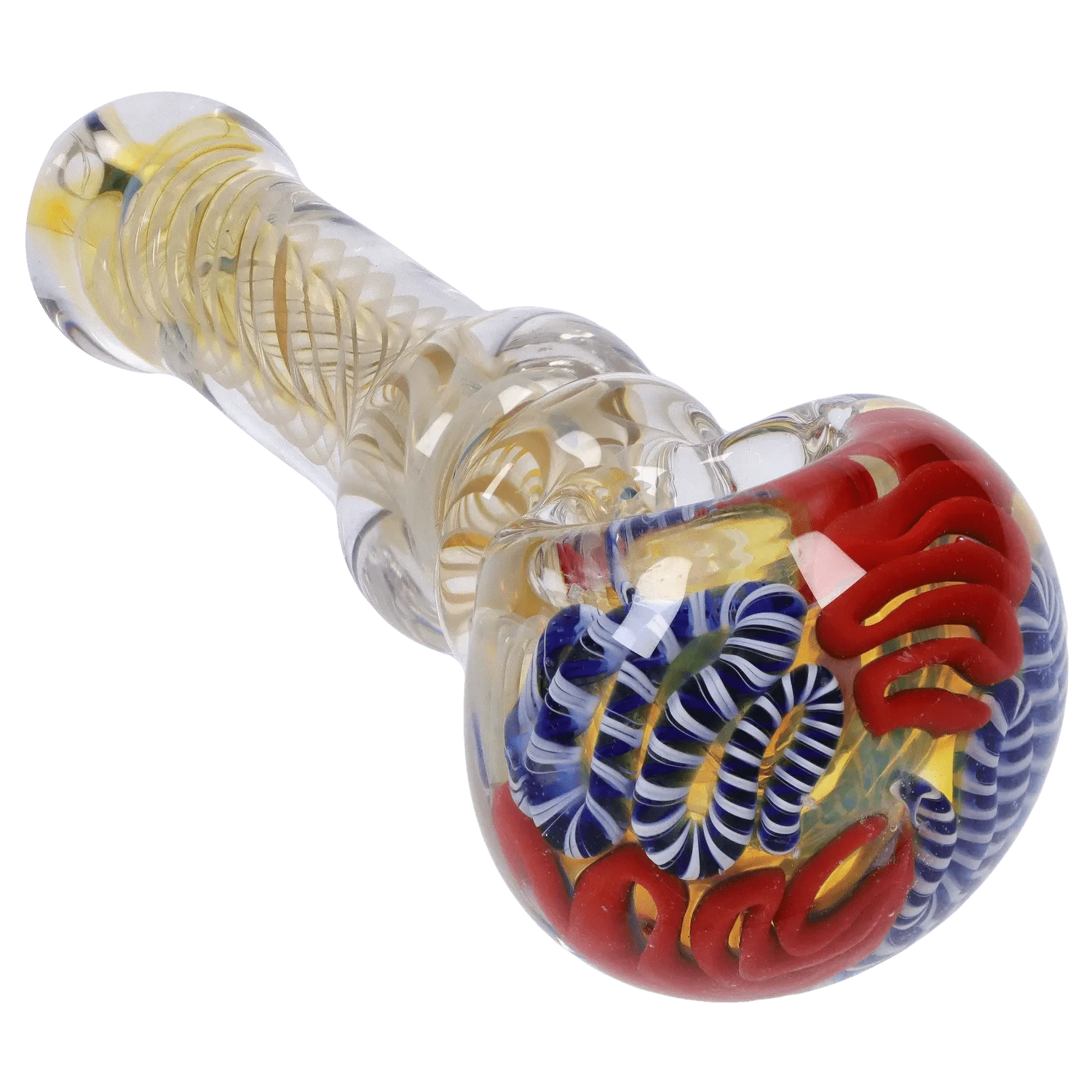 Angled close-up of the DHC Twisting Art Spoon Pipe - 3.5 in. showing clear glass with internal yellow swirls and blue-and-white and red twisted decorations
