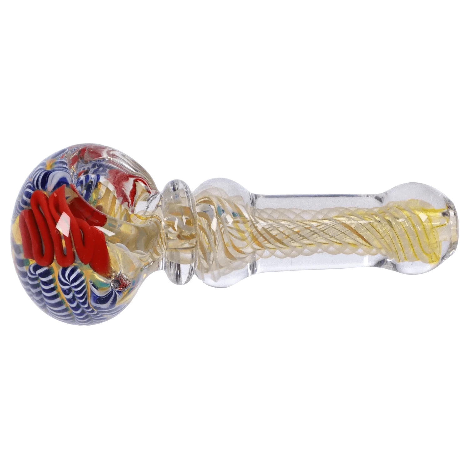 Side view of the DHC Twisting Art Spoon Pipe - 3.5 in. showing a clear glass body with twisted yellow internal cane and a multicolored swirled bowl.