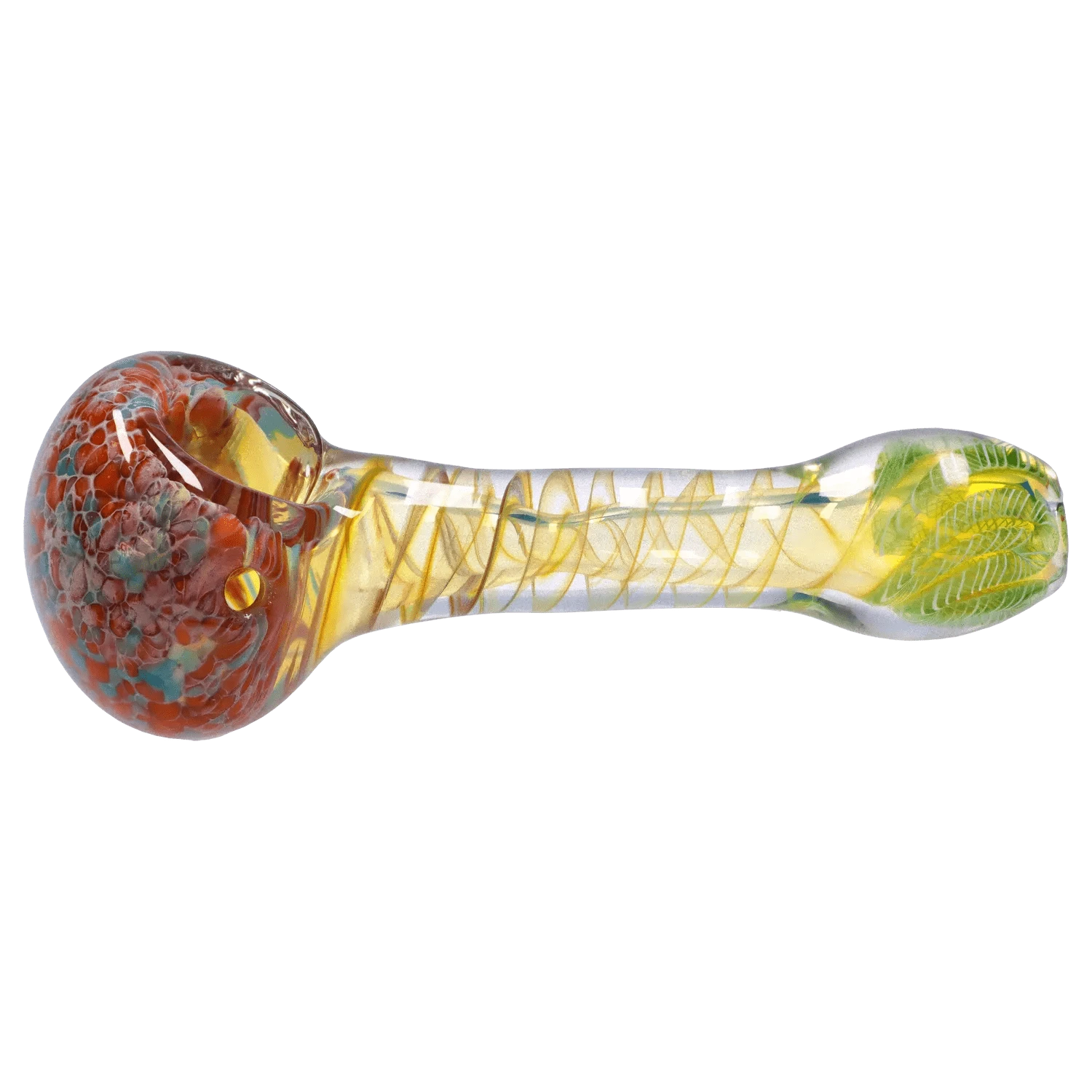 Side view of the DHC Twisting Frit Spoon Pipe - 3 in. showing a red frit bowl, clear twisted yellow stem, and rounded mouthpiece.