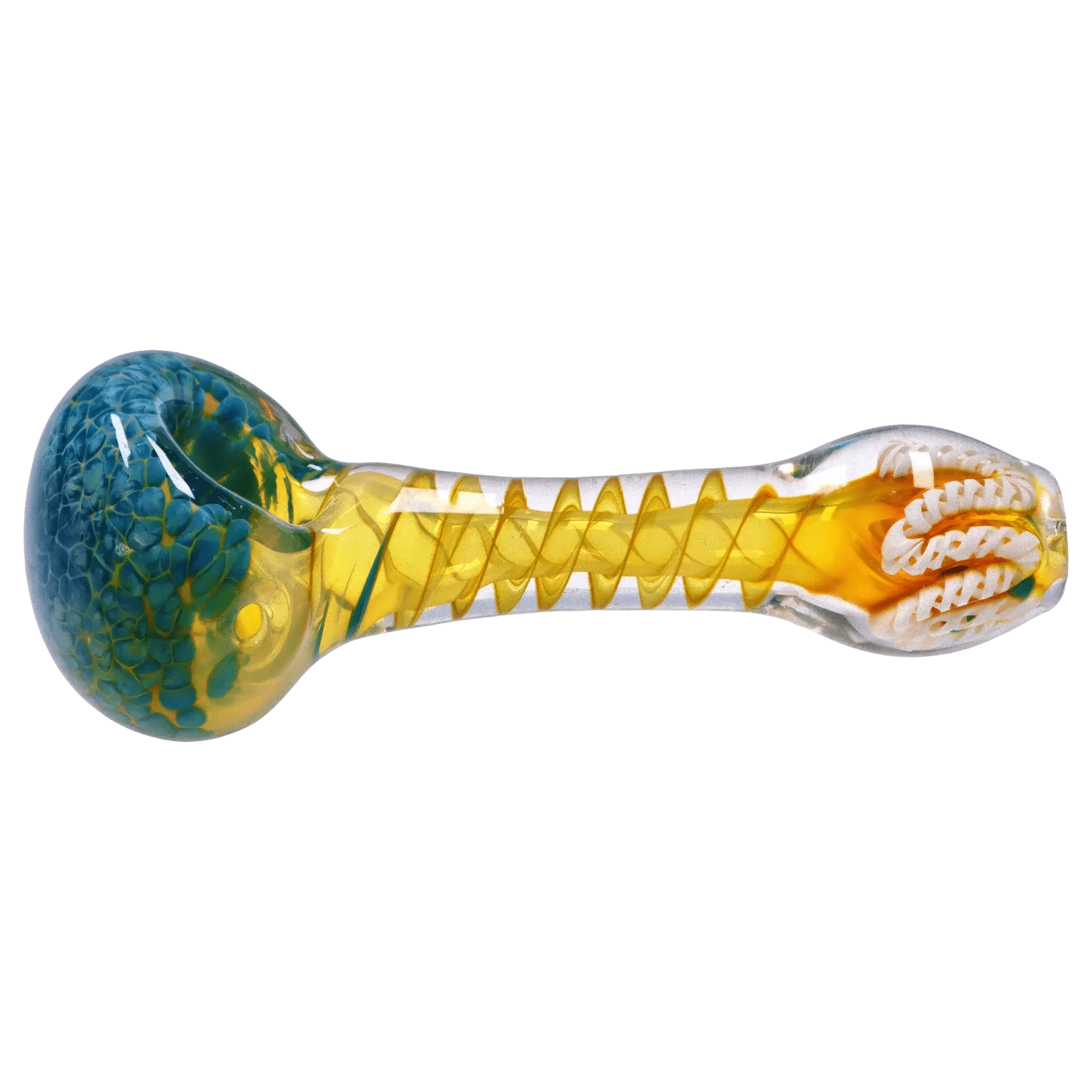 Side view of the DHC Twisting Frit Spoon Pipe - 3 in., showing a clear glass body with a yellow spiral core and a blue frit bowl.