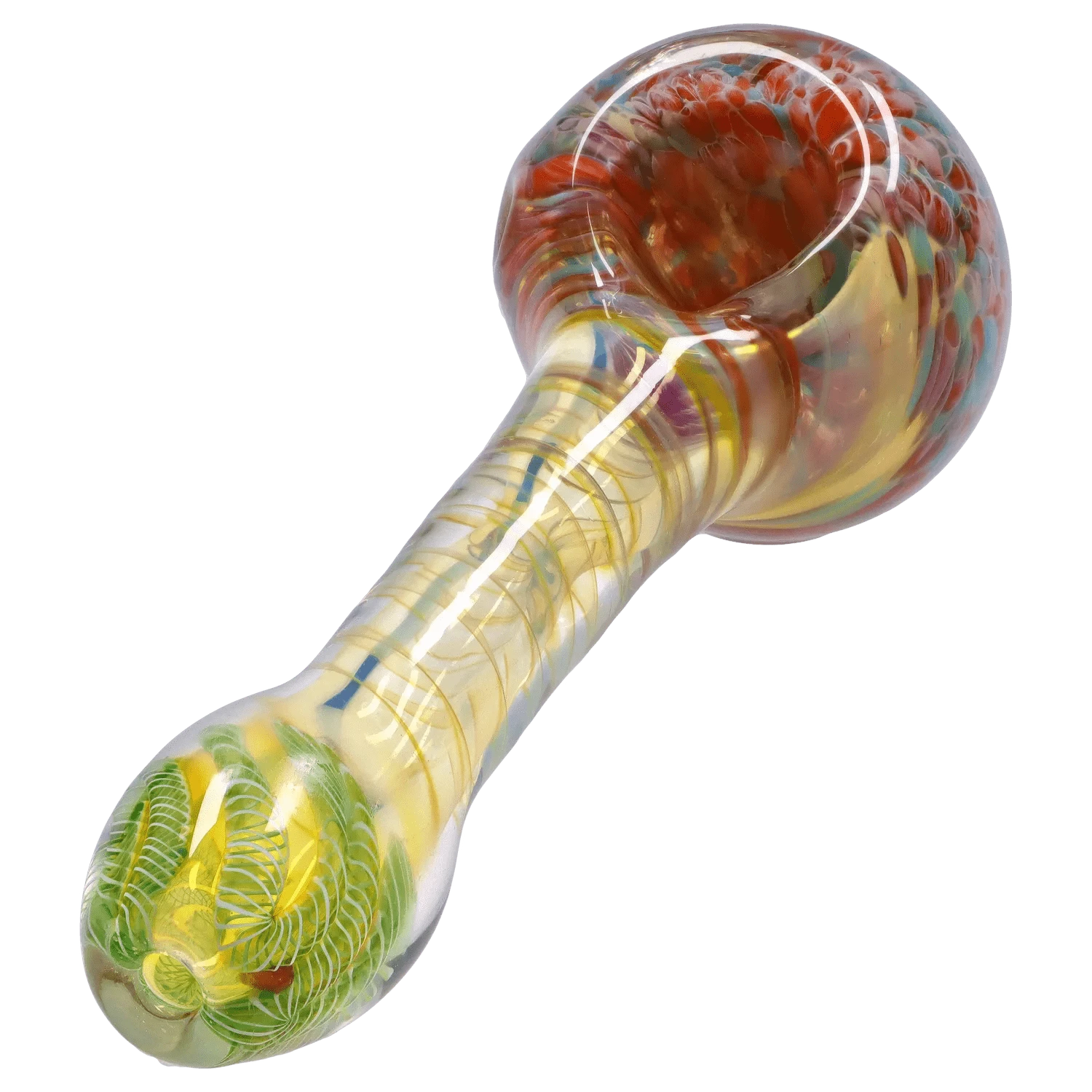 Close-up angled view of the colorful glass bowl and swirled handle of the DHC Twisting Frit Spoon Pipe - 3 in.