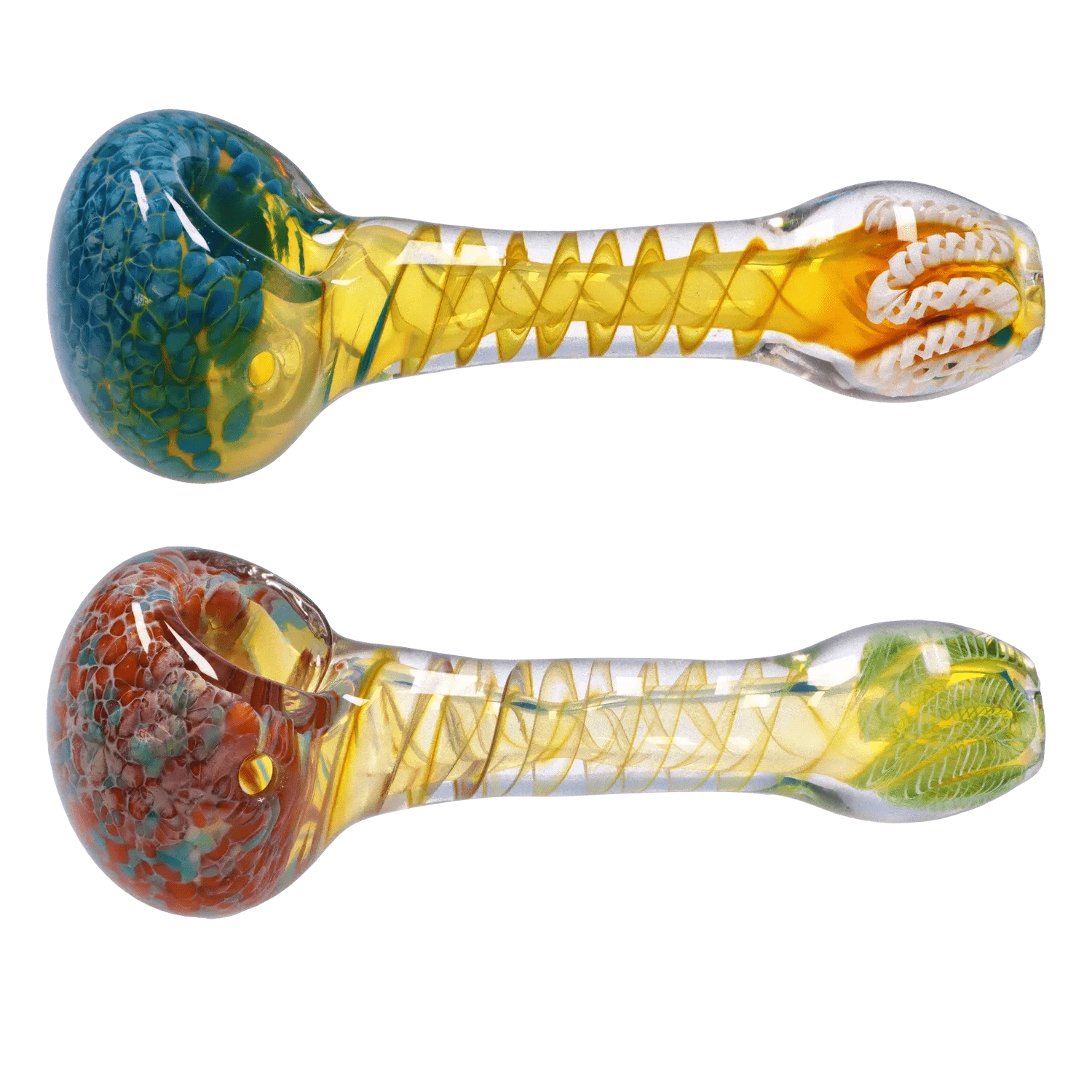 Top-down view of two DHC Twisting Frit Spoon Pipe - 3 in. glass pipes showing colorful frit-filled bowls and yellow spiral stems on a white background