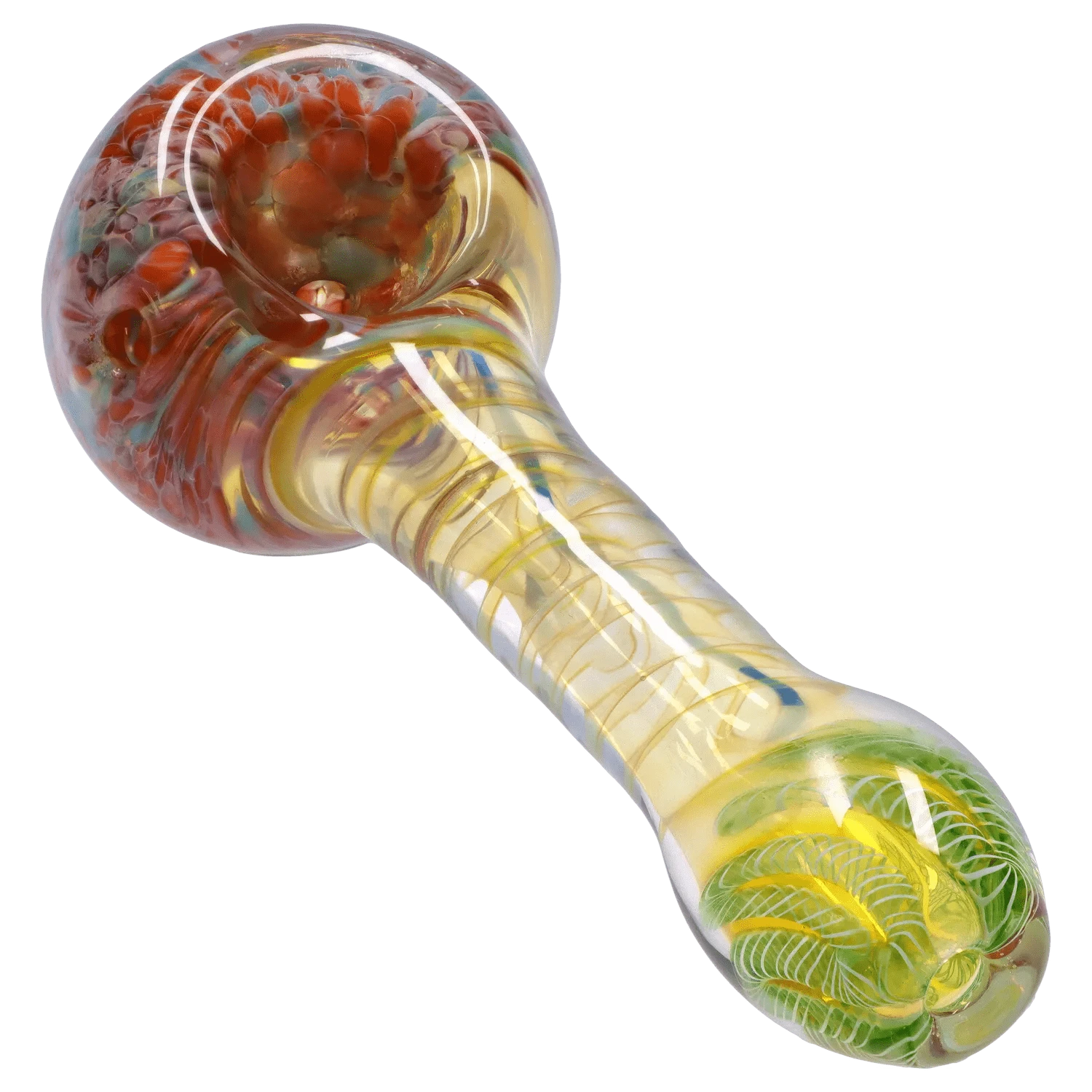 Angled close-up of the DHC Twisting Frit Spoon Pipe - 3 in., showing a glass bowl with red frit patterns and a swirled yellow-green twisted stem.